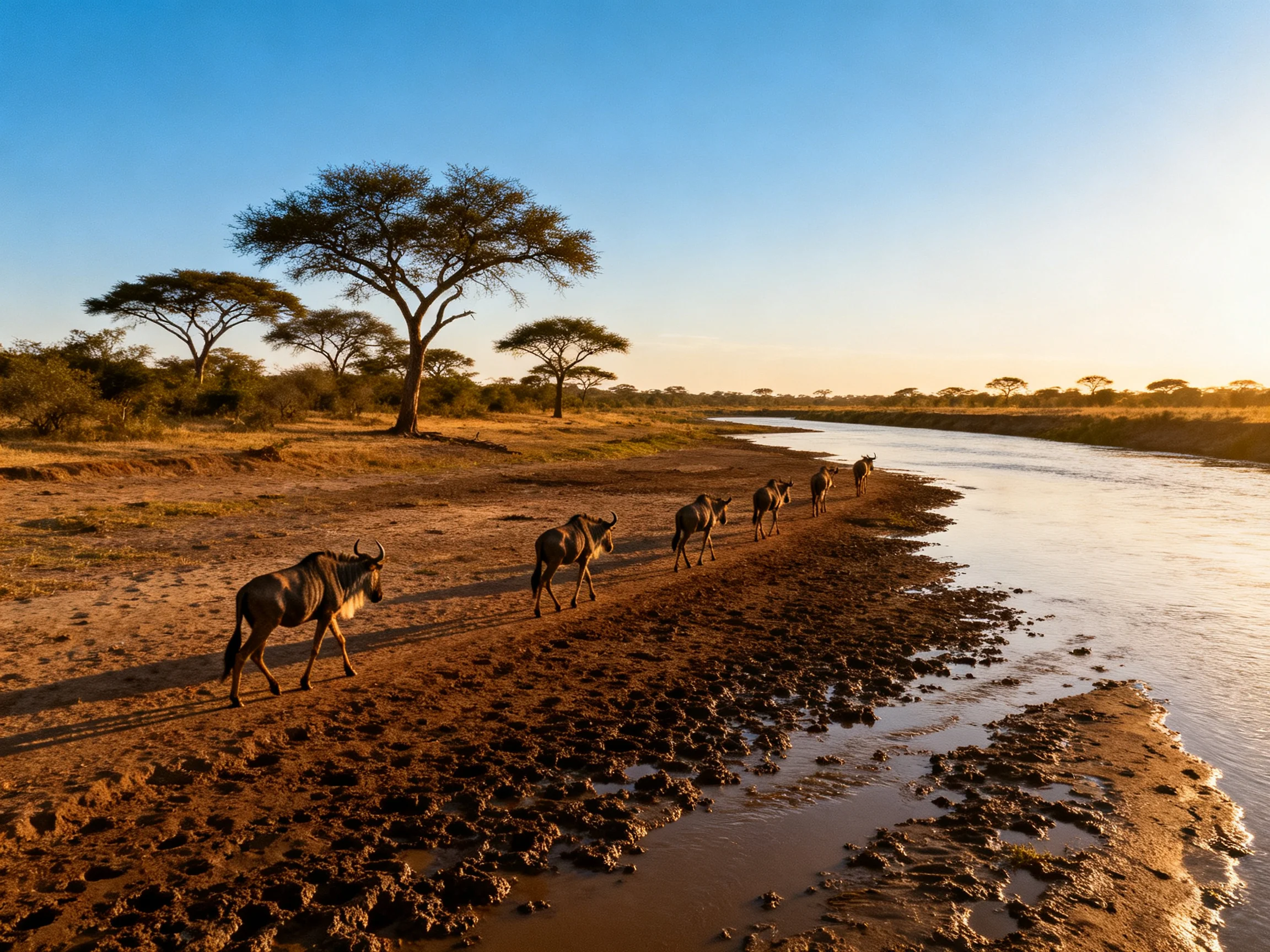Six wildebeests walk along a muddy riverbank beside a winding stream
