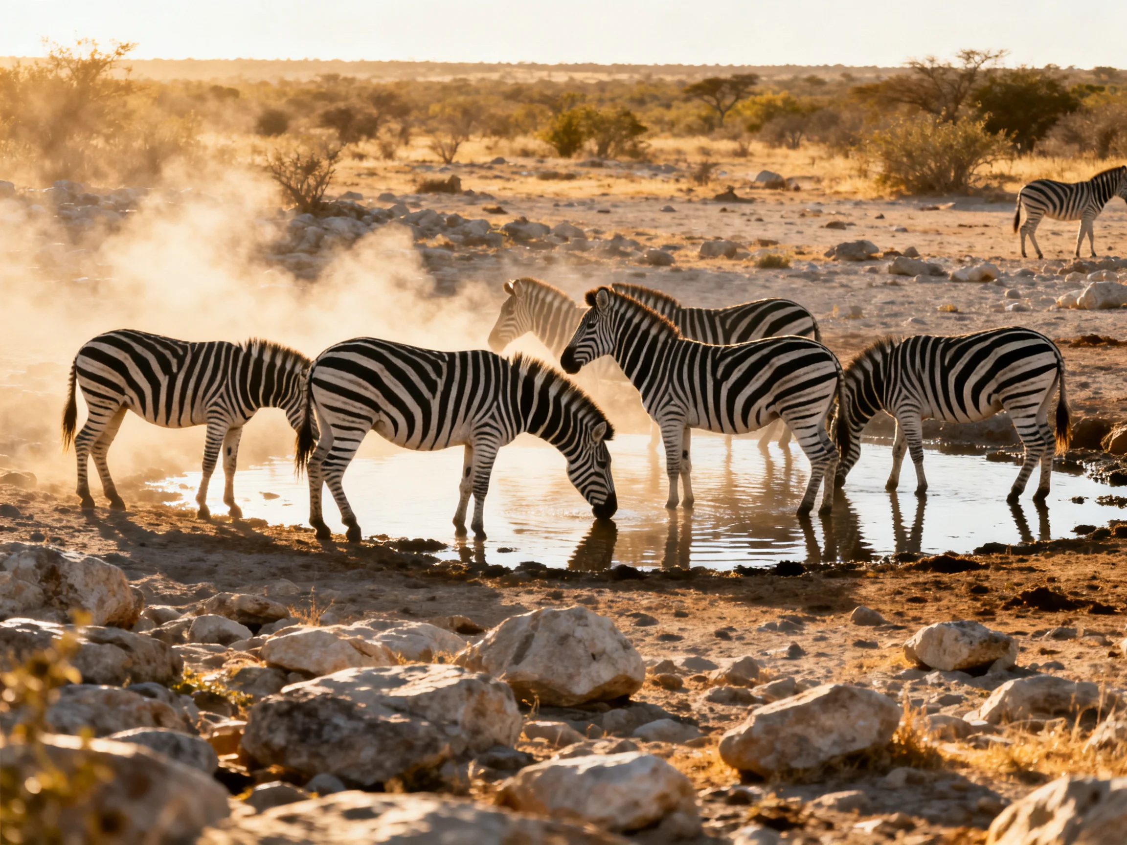 Six zebras drink from a waterhole in golden savannah