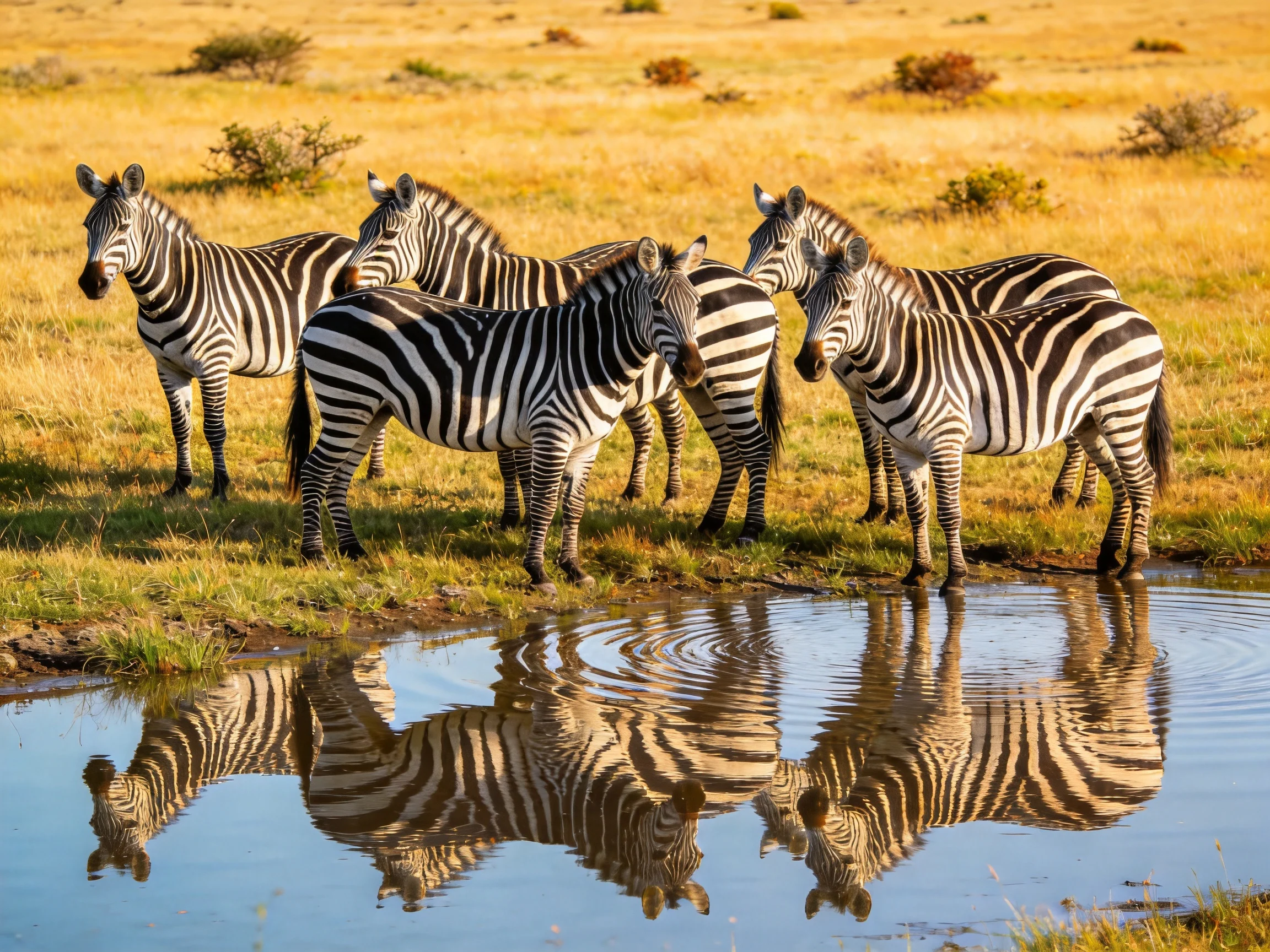 Six zebras gather near a reflective waterhole in golden savannah.