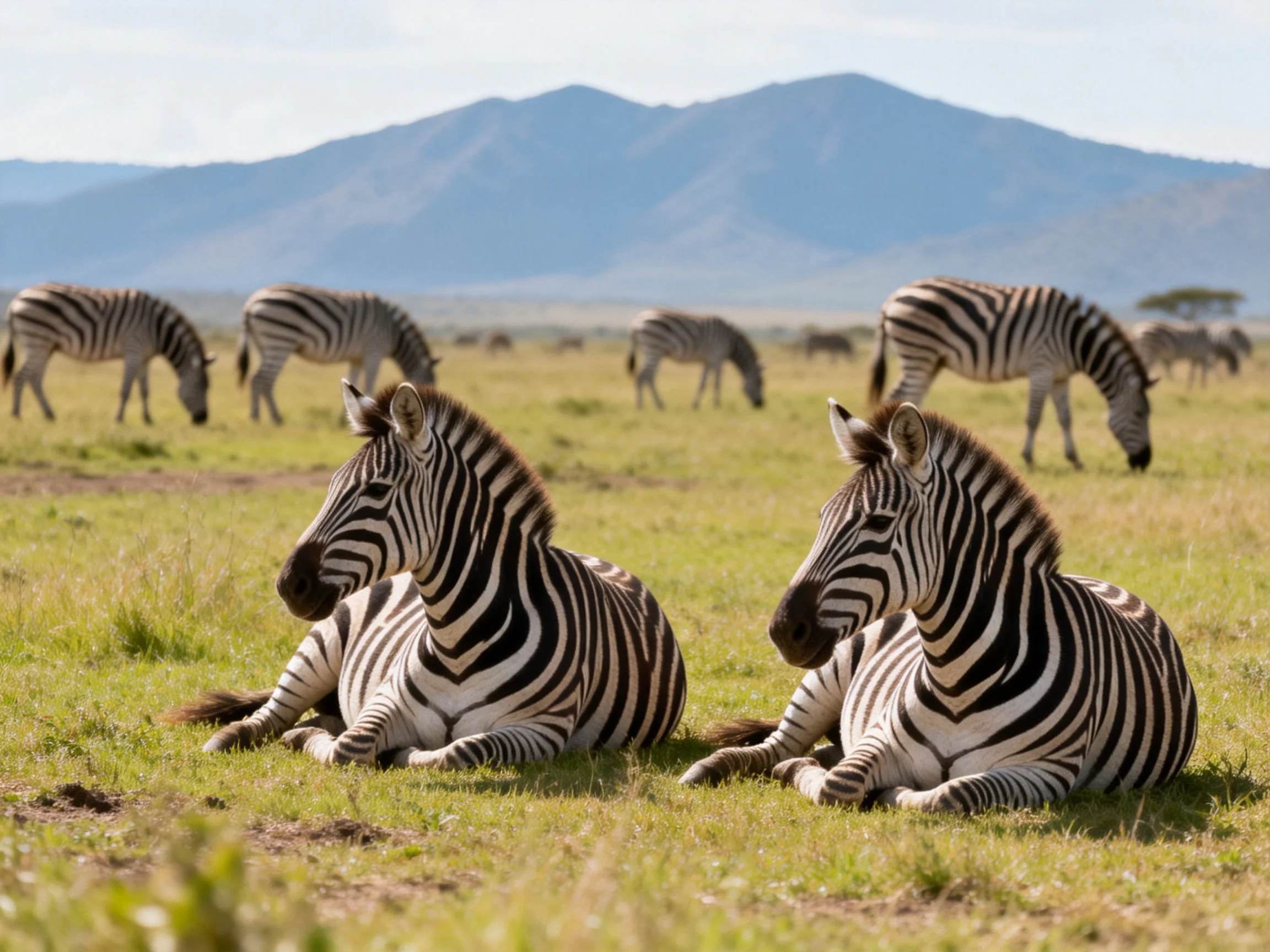 Six zebras in a savannah landscape with distant mountains