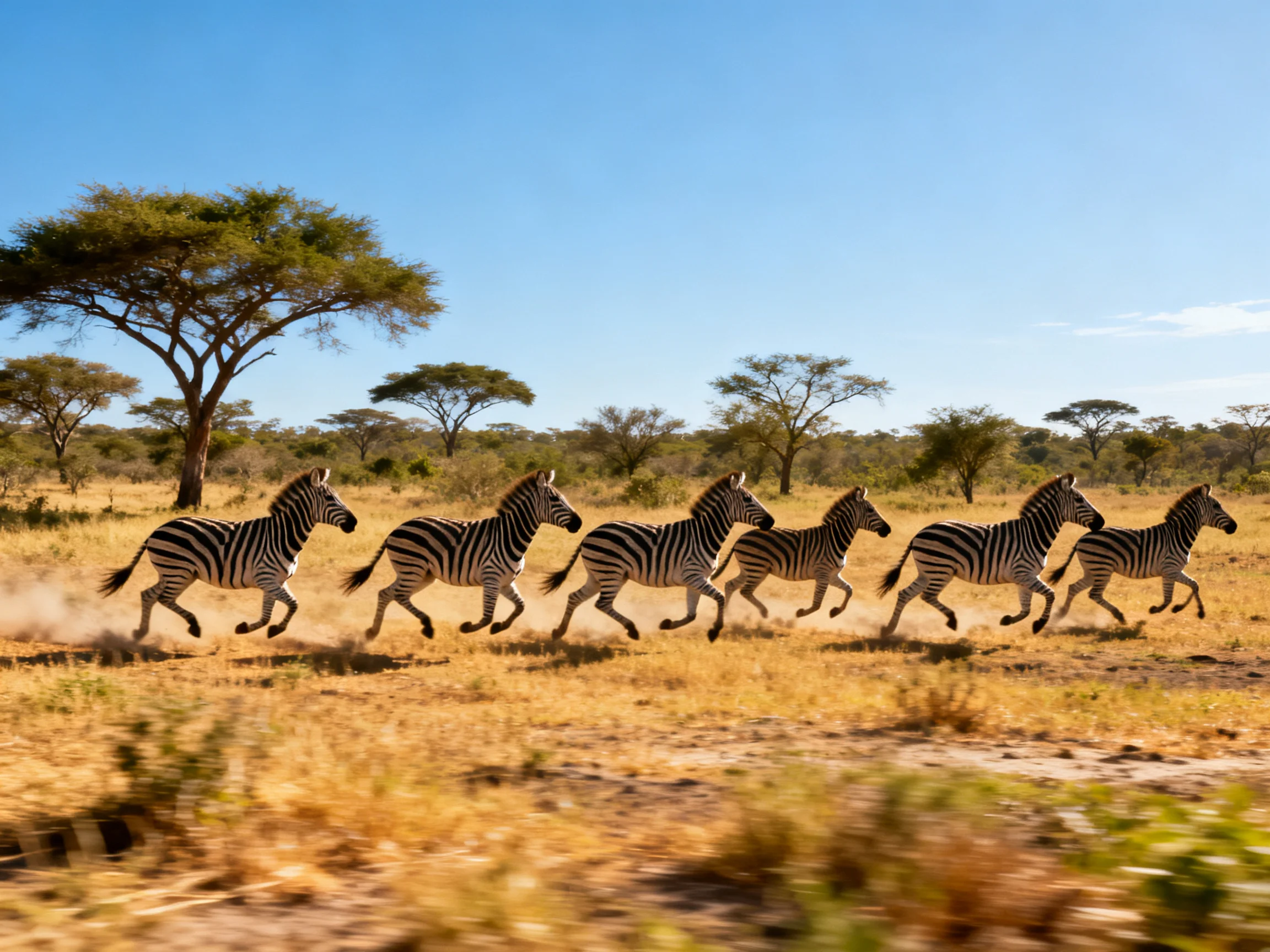 Six zebras sprinting through golden savannah under clear blue sky