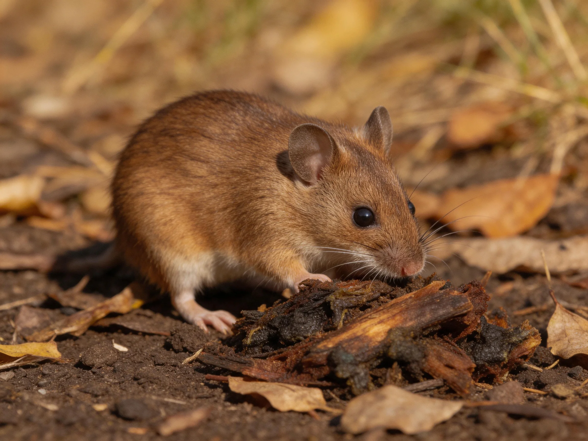Small brown mouse foraging among dry leaves and wood debris