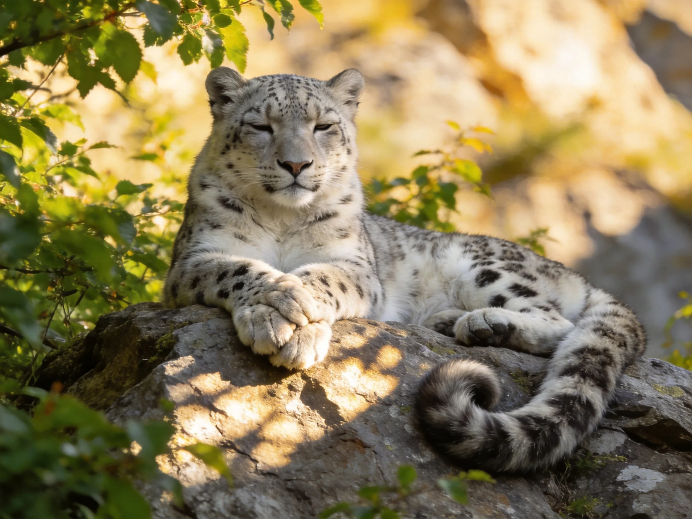Snow leopard rests on a mossy rock amid lush greenery