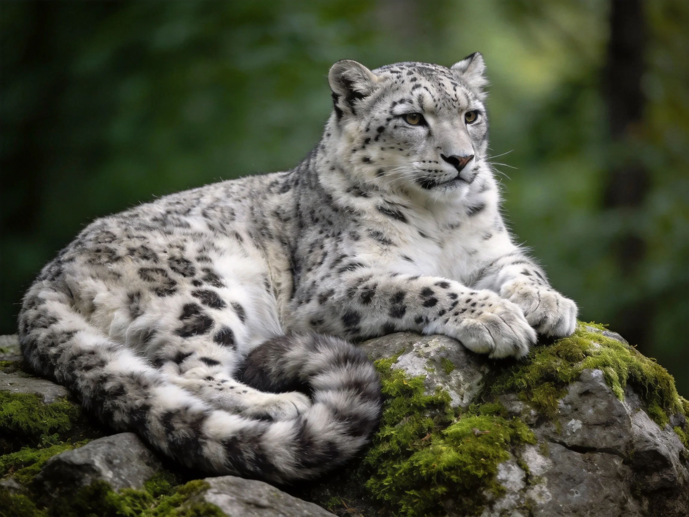 Snow leopard rests on mossy rock in verdant forest
