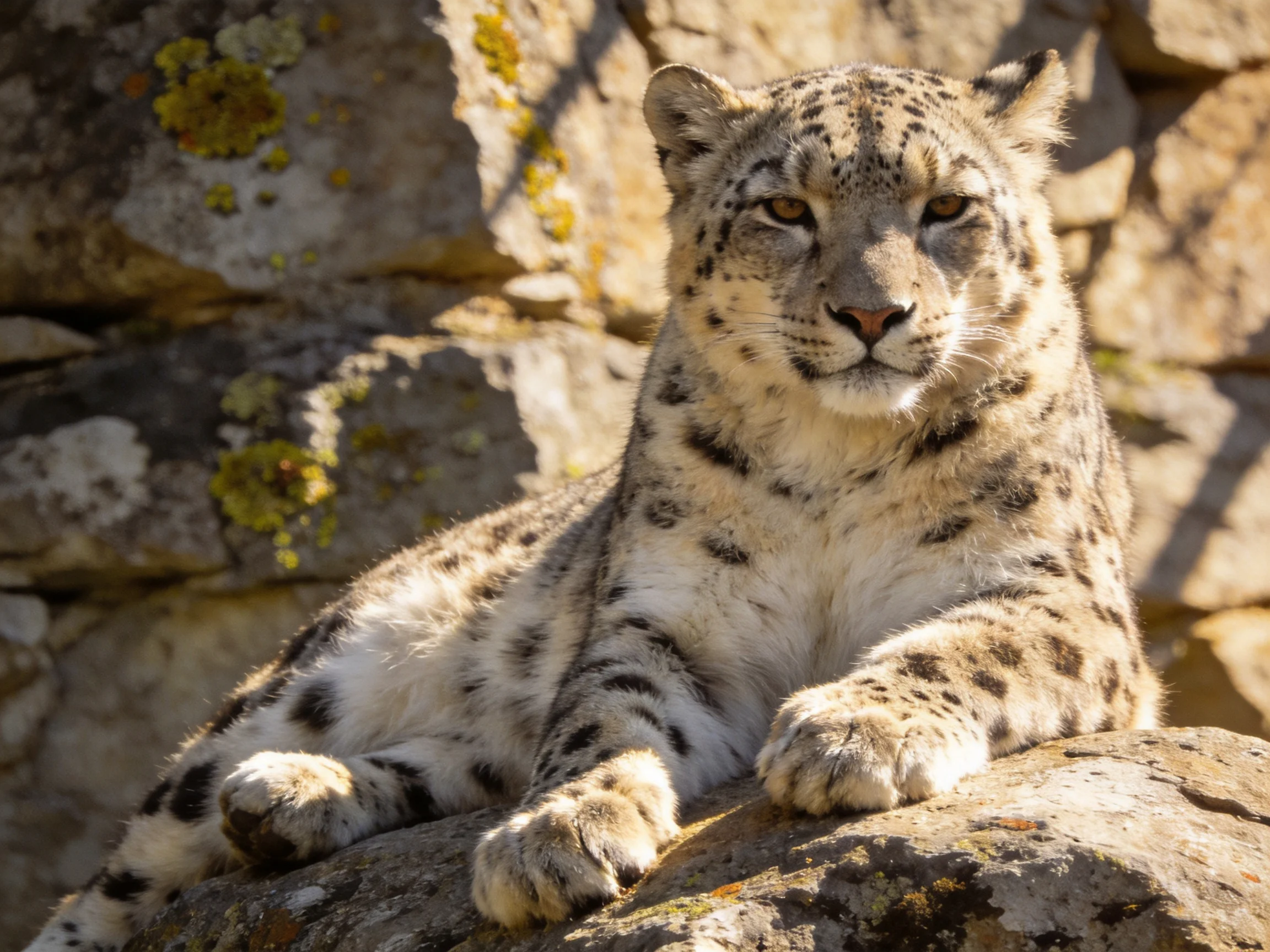 Snow leopard rests on mossy rocks near lichen-covered stone walls