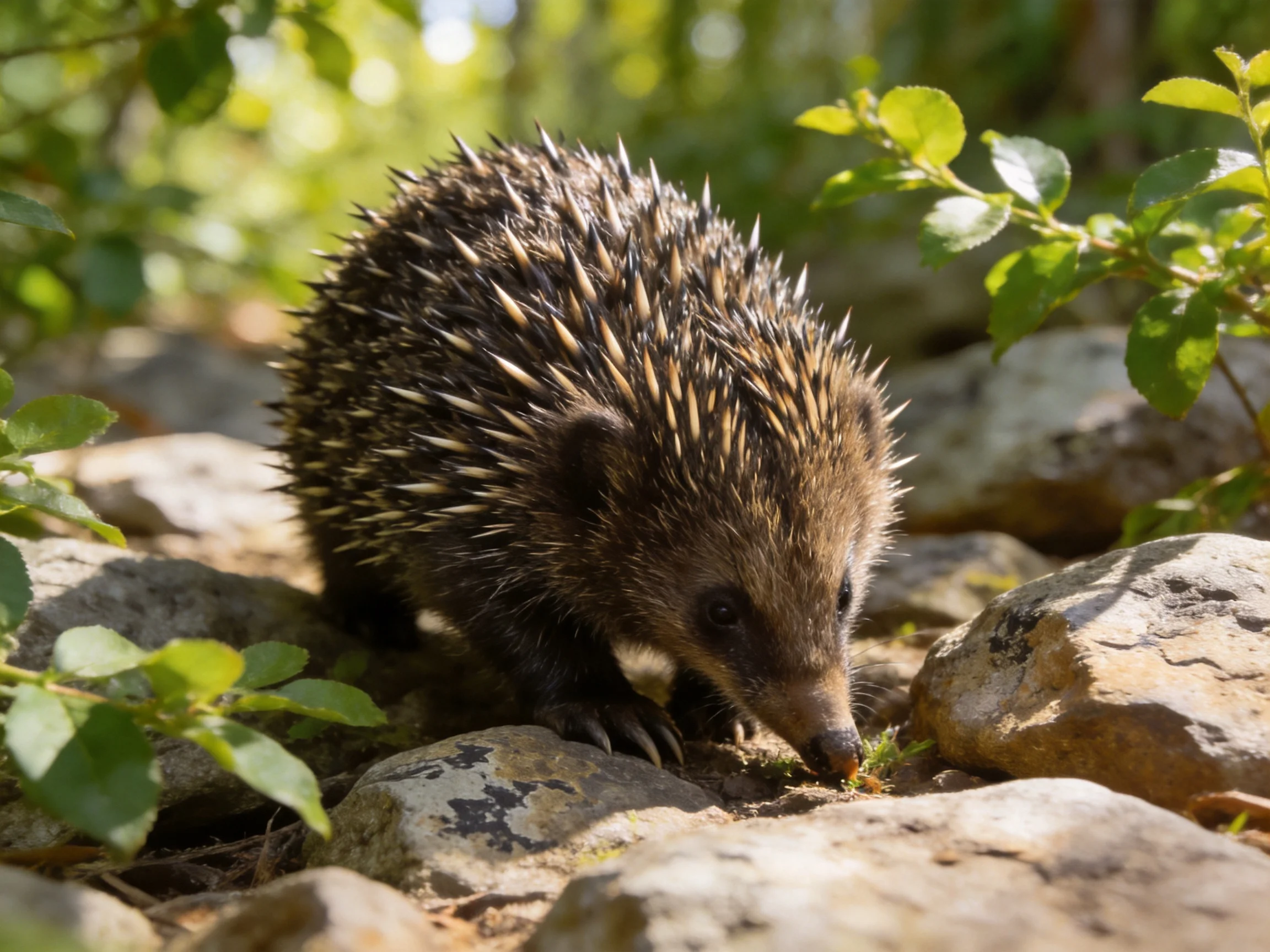 Spiky brown hedgehog explores rocky area with greenery