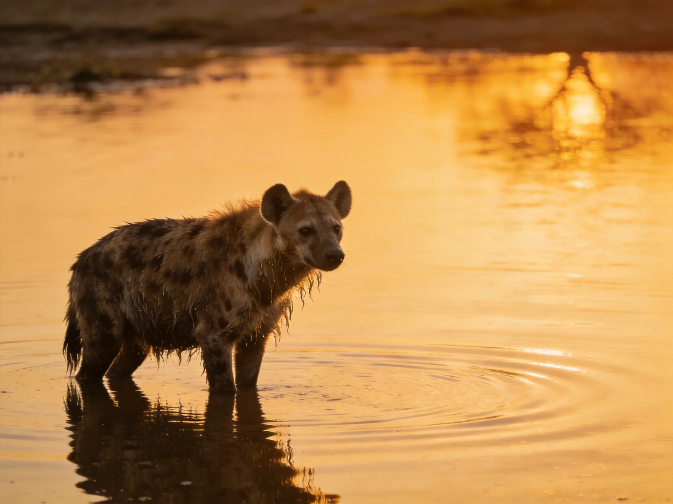Spotted hyena wading in golden-hued shallow waters at dusk