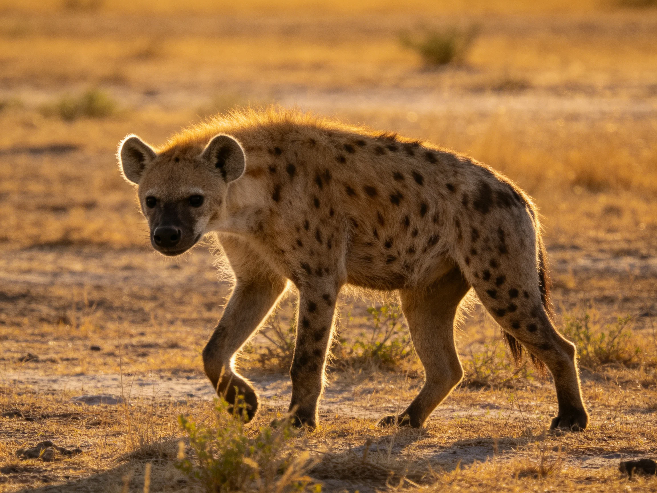 Spotted hyena walking in golden savannah landscape