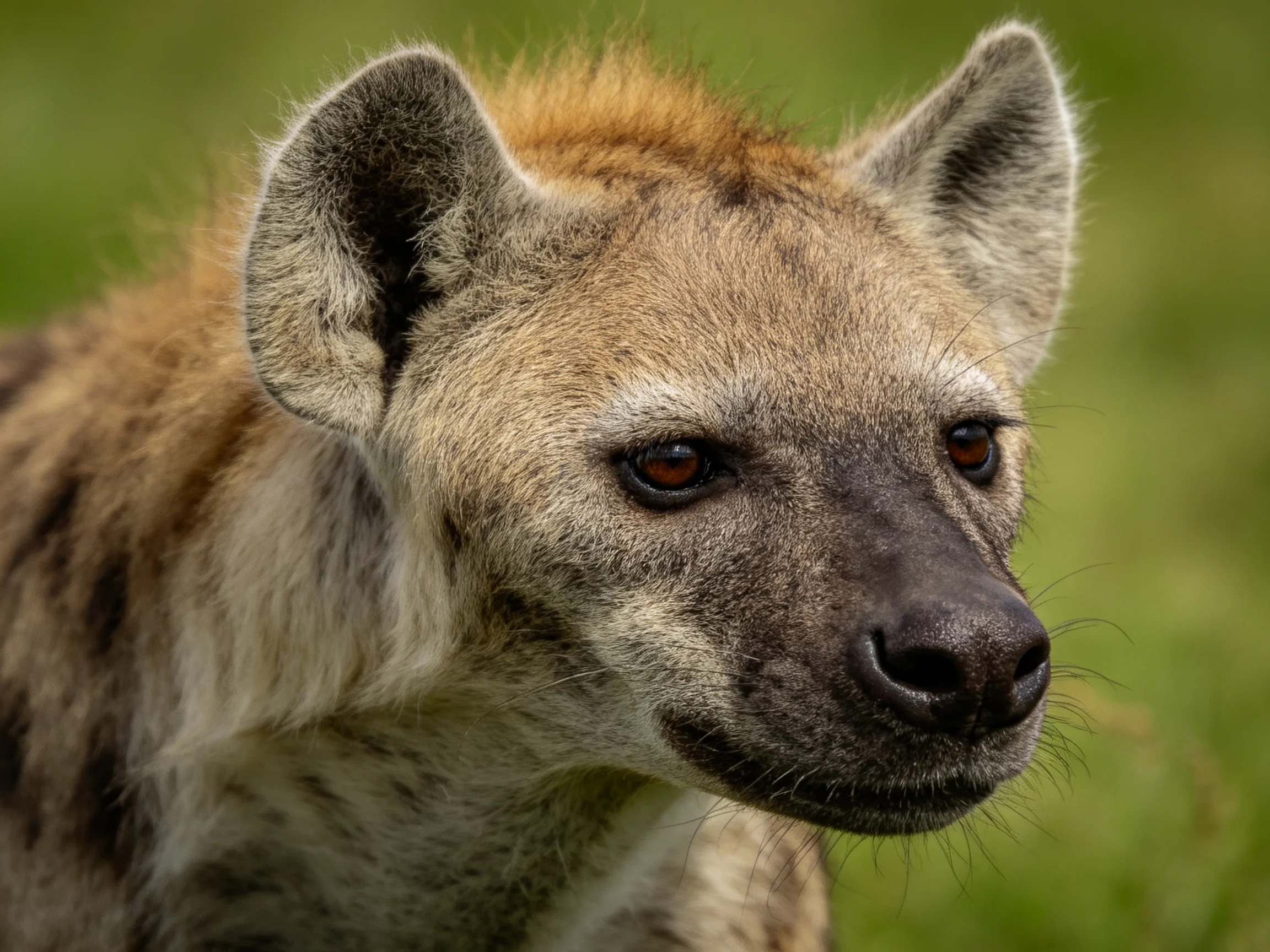Spotted hyena with earthy brown and black fur in natural setting