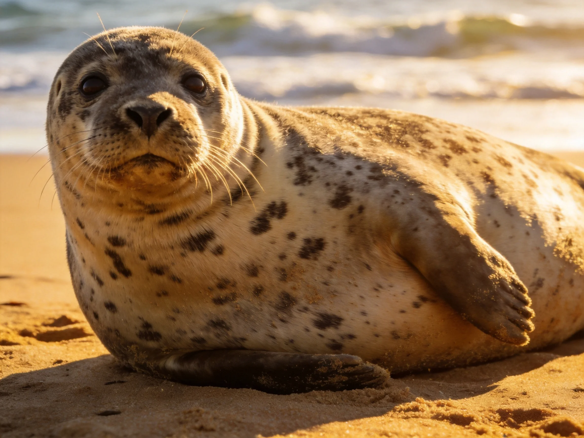 Spotted seal rests on sandy beach with ocean waves behind
