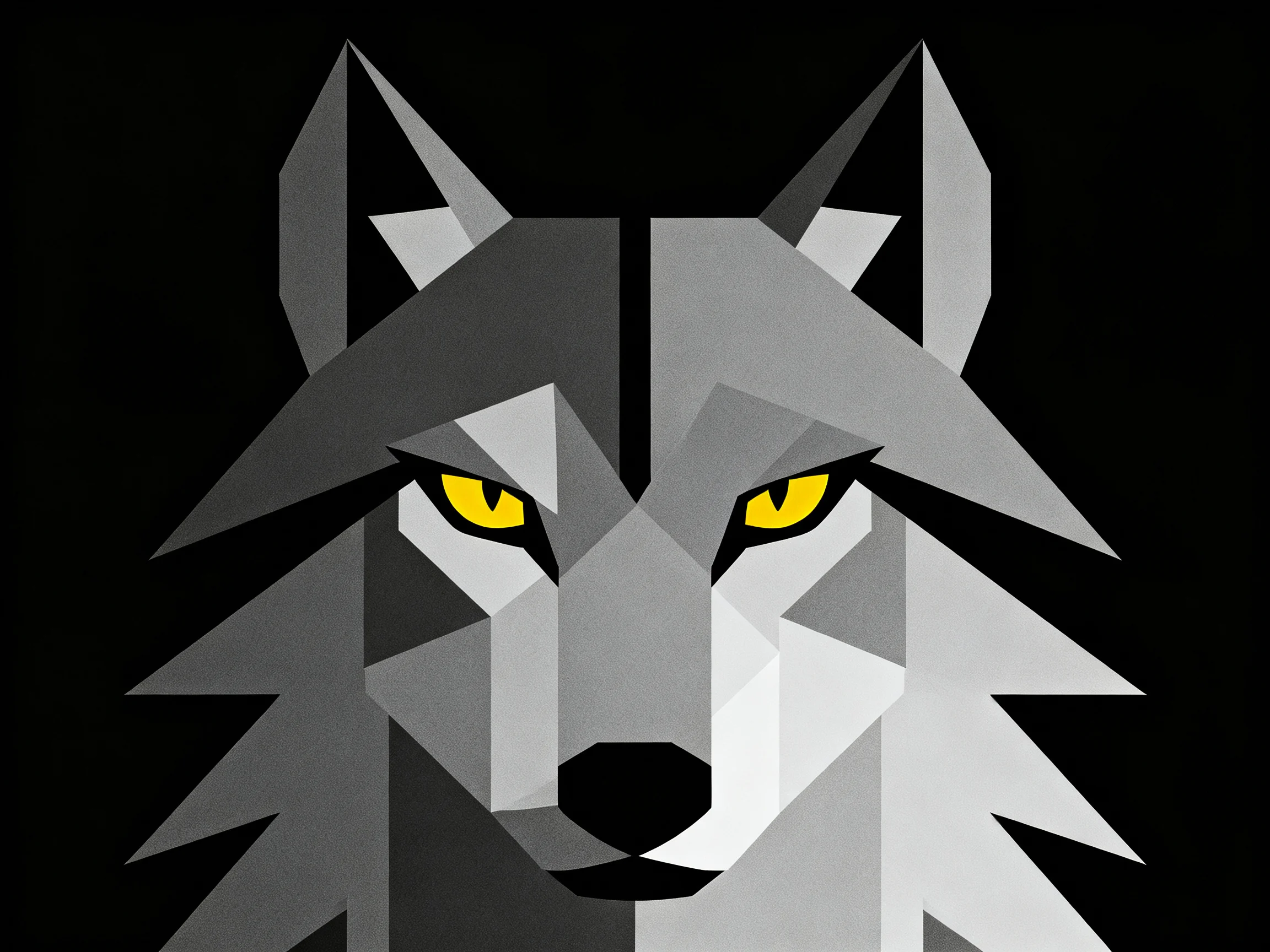 Stylized geometric wolf illustration with yellow eyes and gray tones