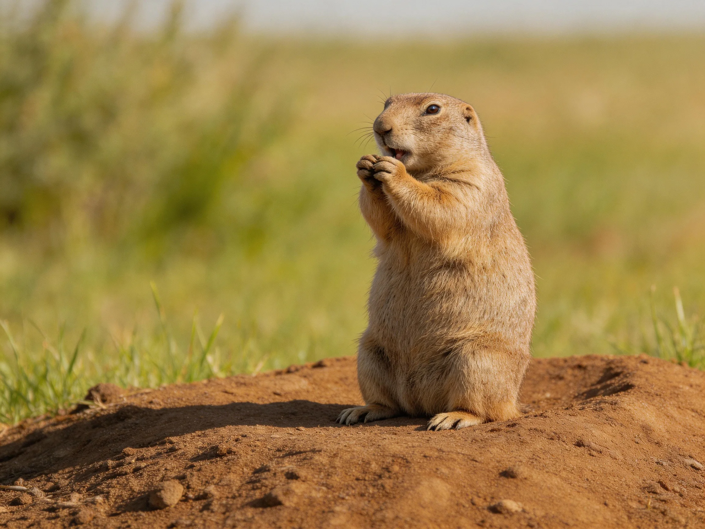 Tan prairie dog on reddish-brown mound in green field
