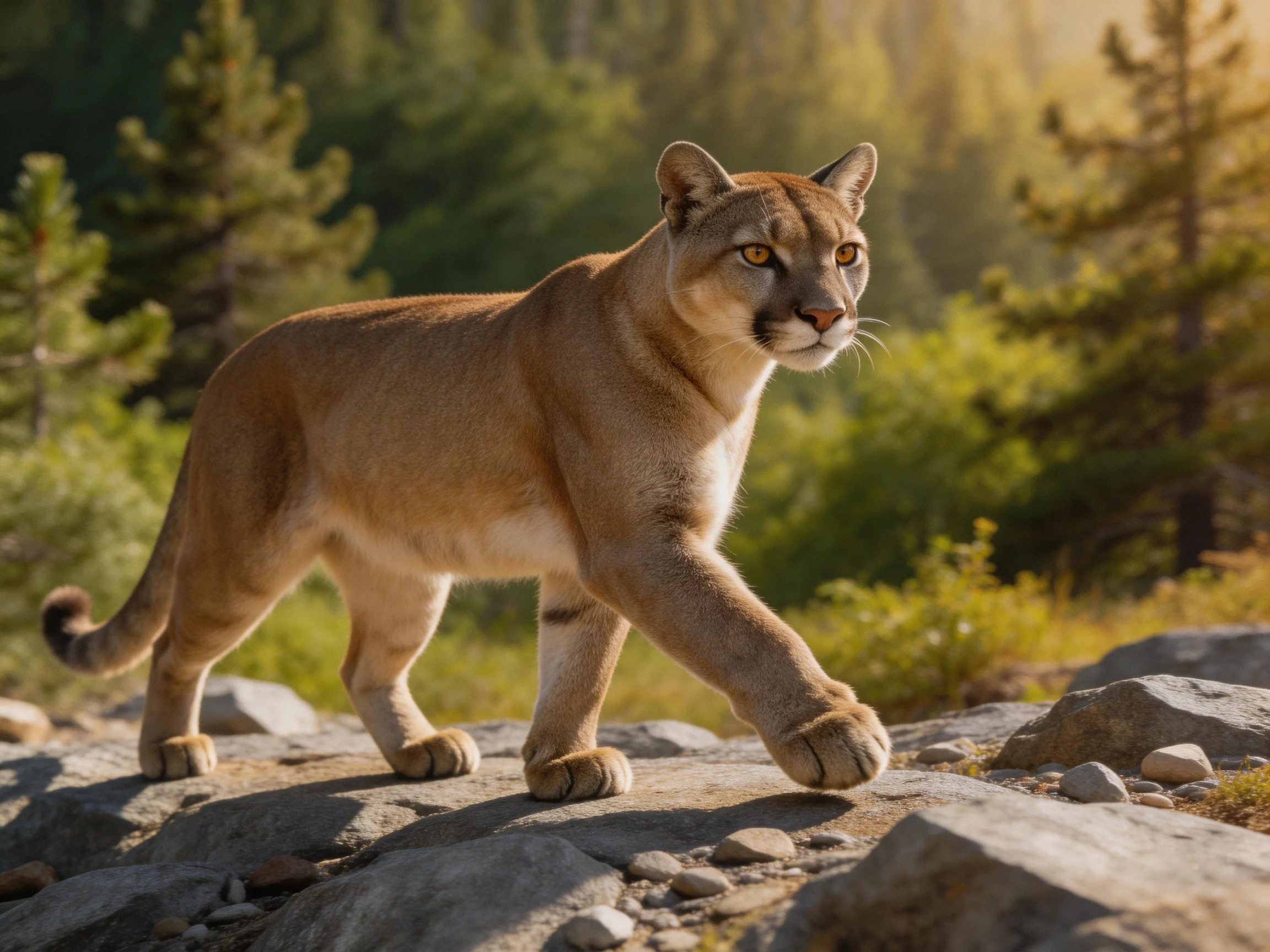 Tawny cougar crosses rocky path in sun-dappled forest