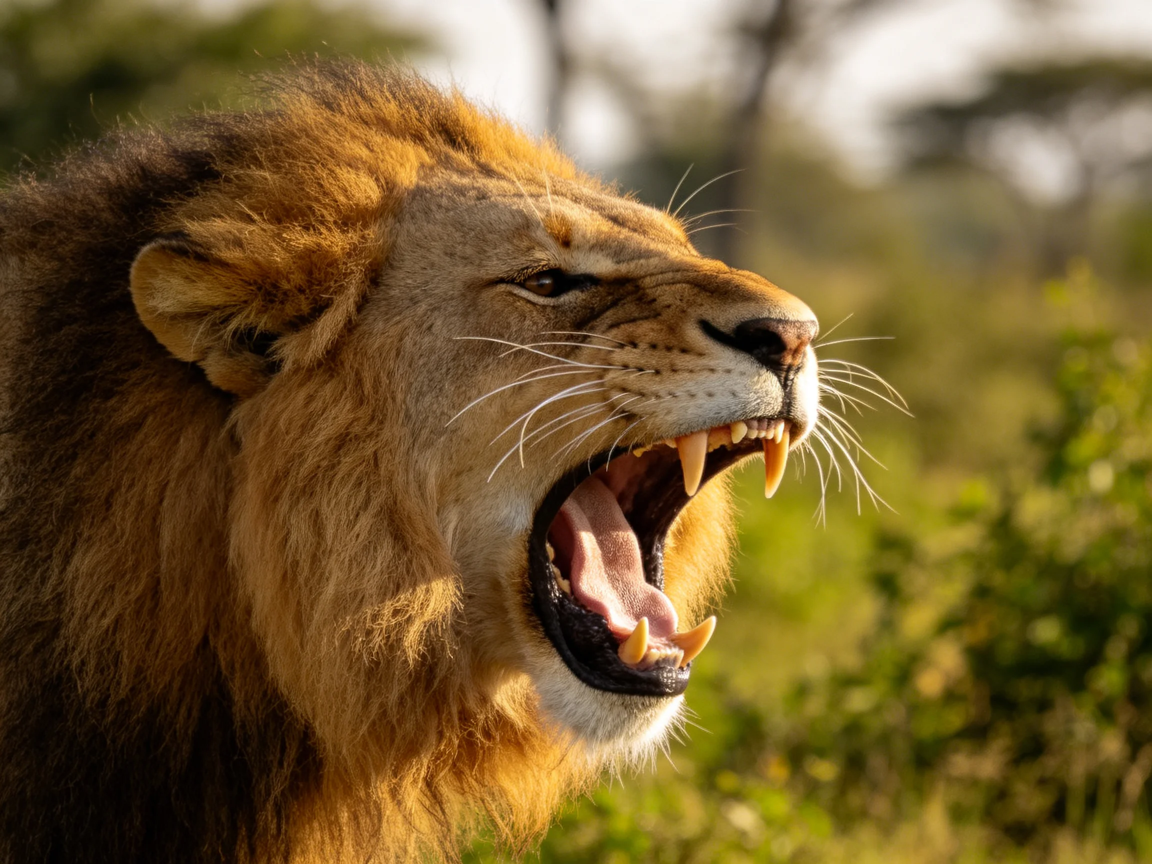 Thick golden-maned lion roaring in savannah landscape