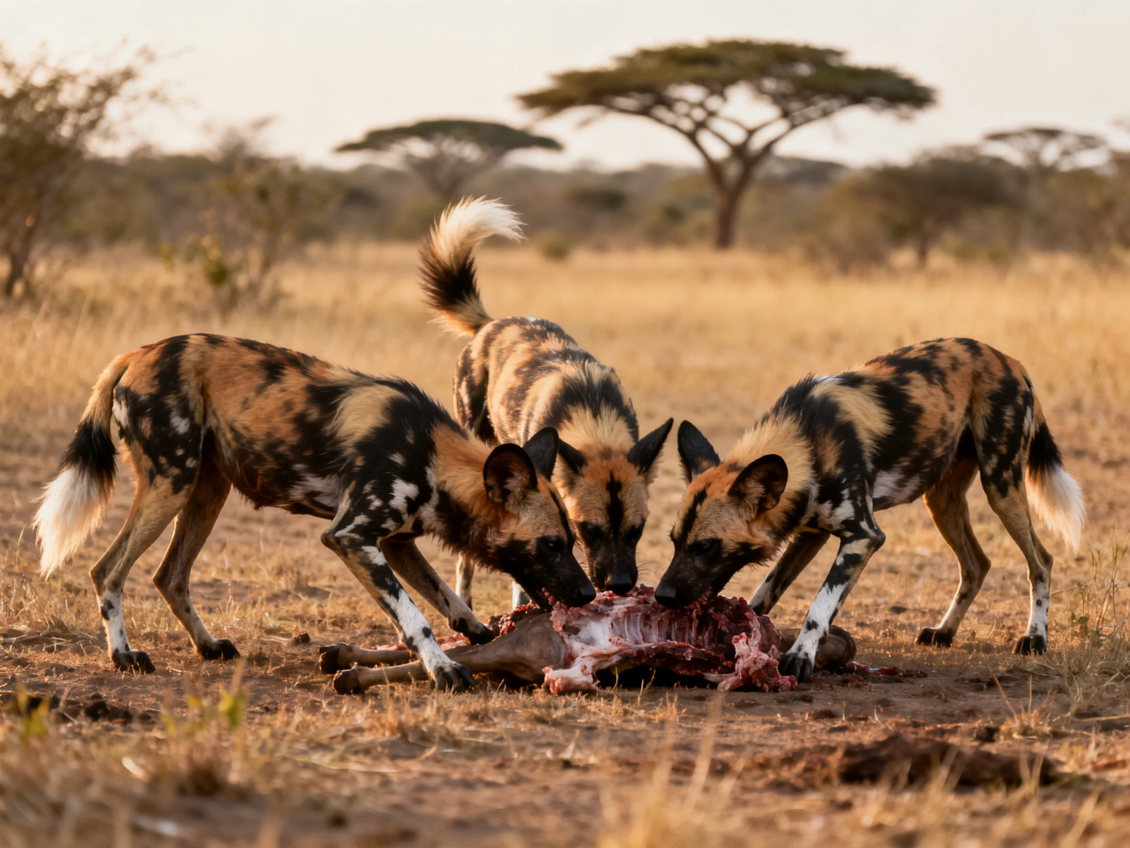 Three African wild dogs feed on prey in a golden savannah landscape