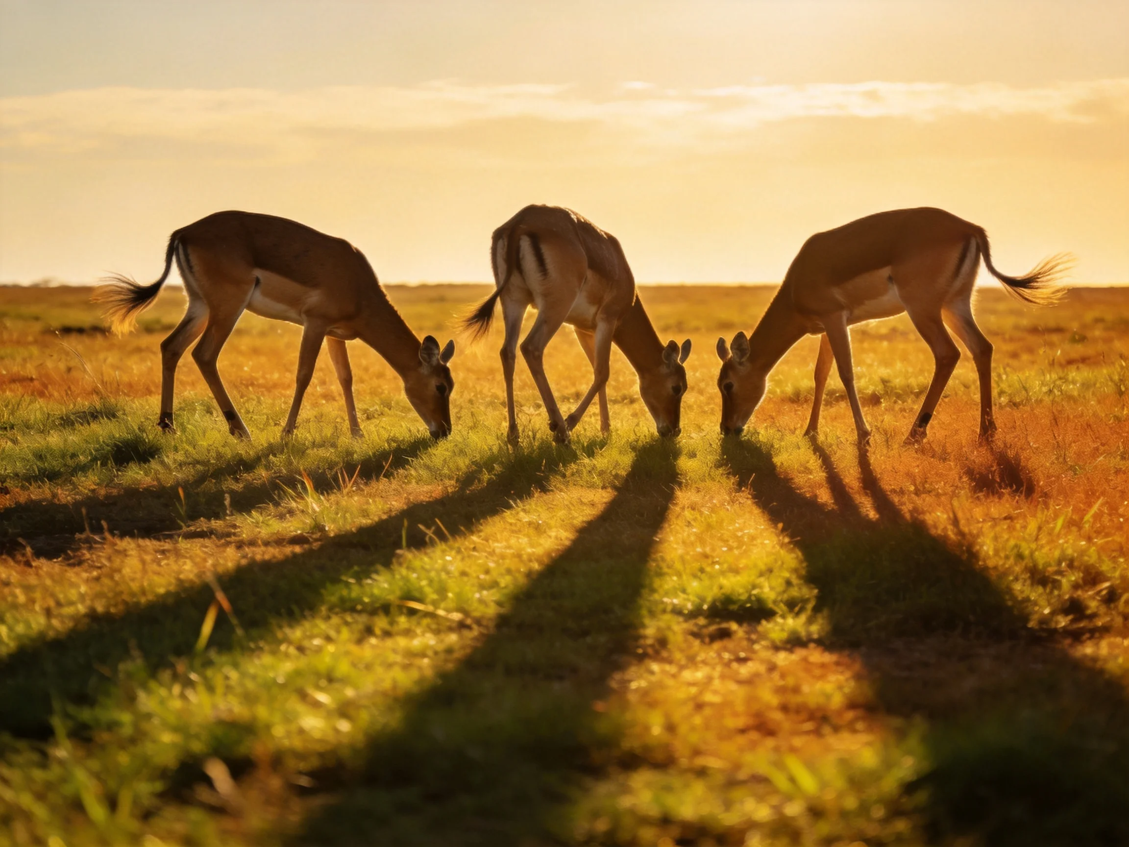 Three antelopes graze on golden savannah grass