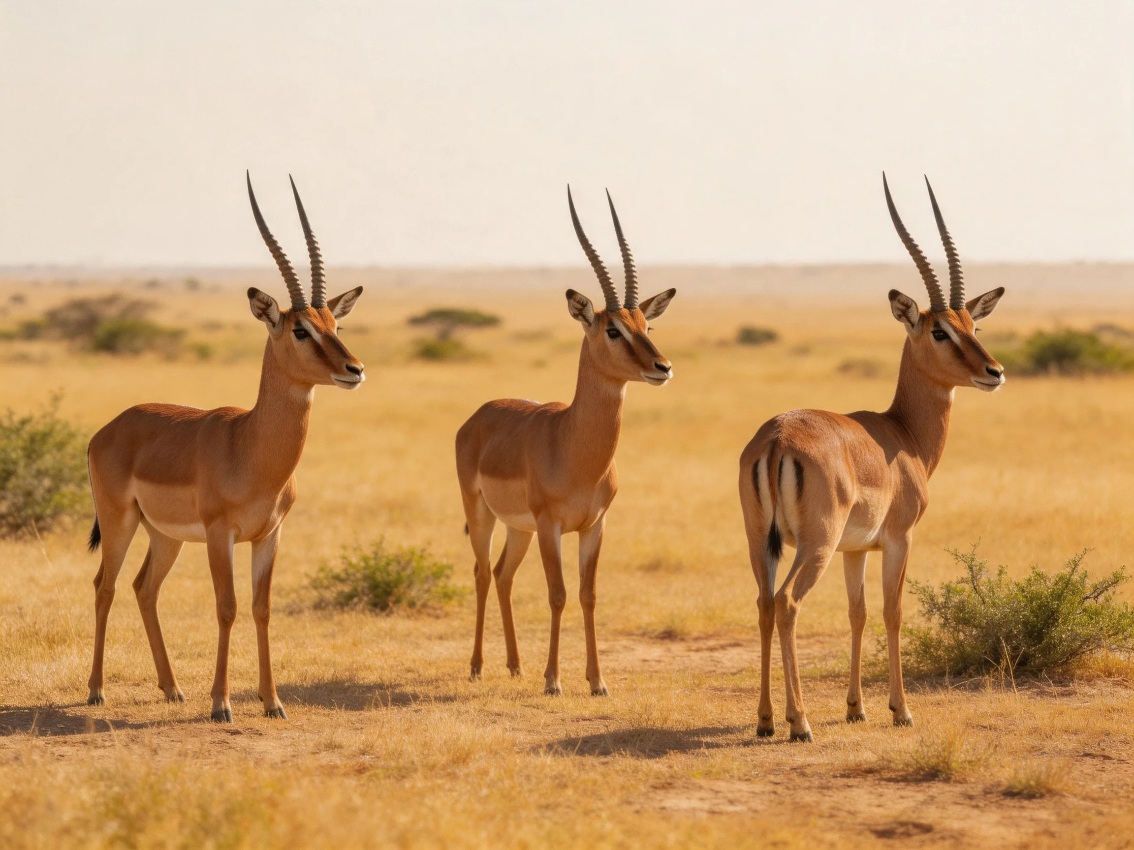 Three antelopes in a sunlit savannah with dry grasslands