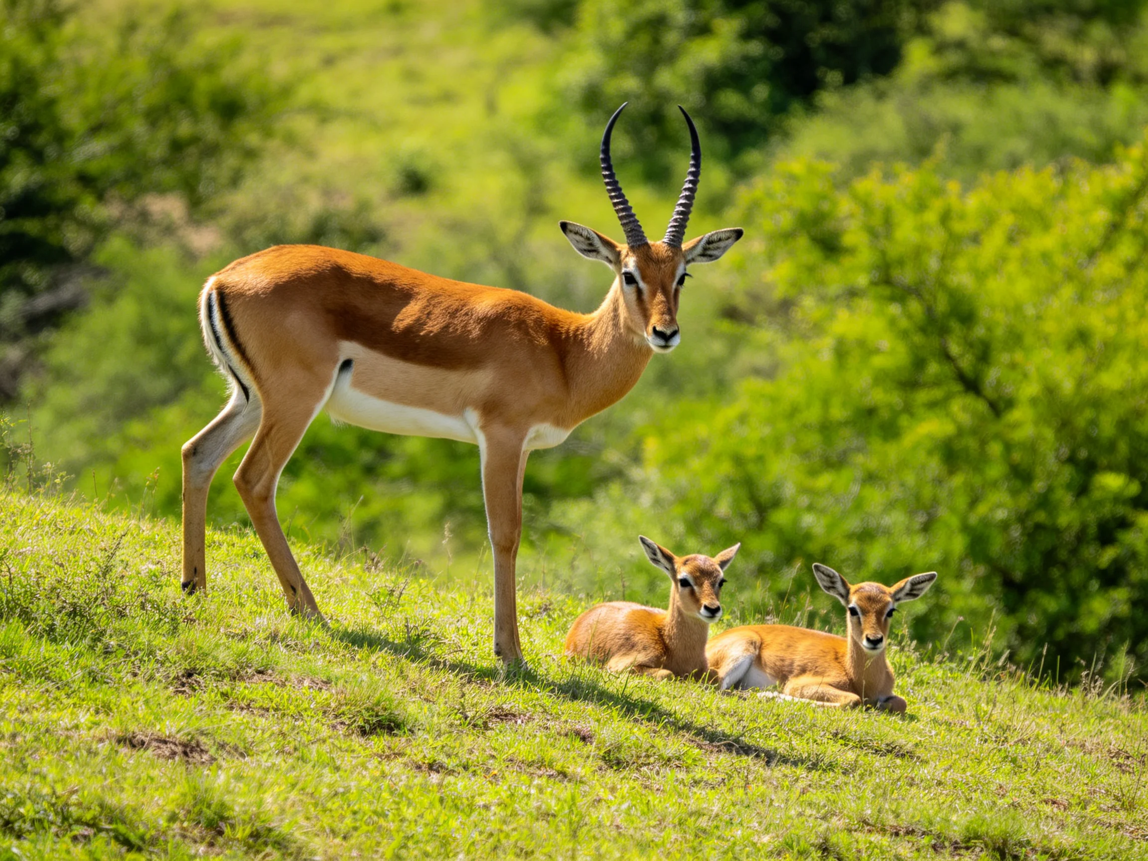 Three antelopes rest and stand on a grassy hillside surrounded by greenery.