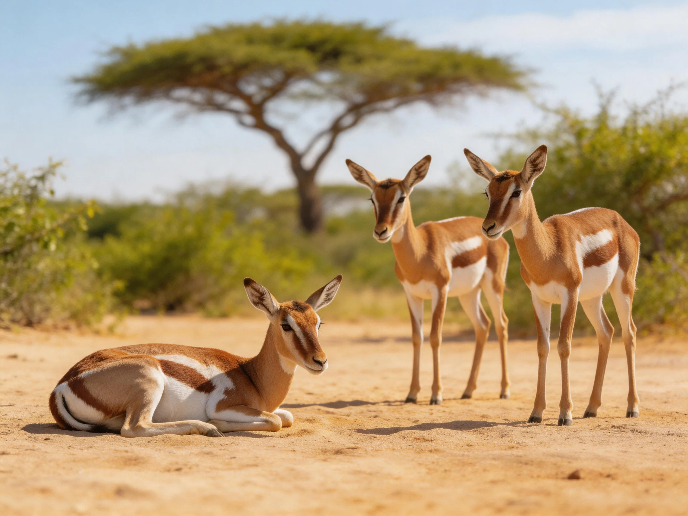 Three antelopes rest and stand on sandy ground in a savannah setting.