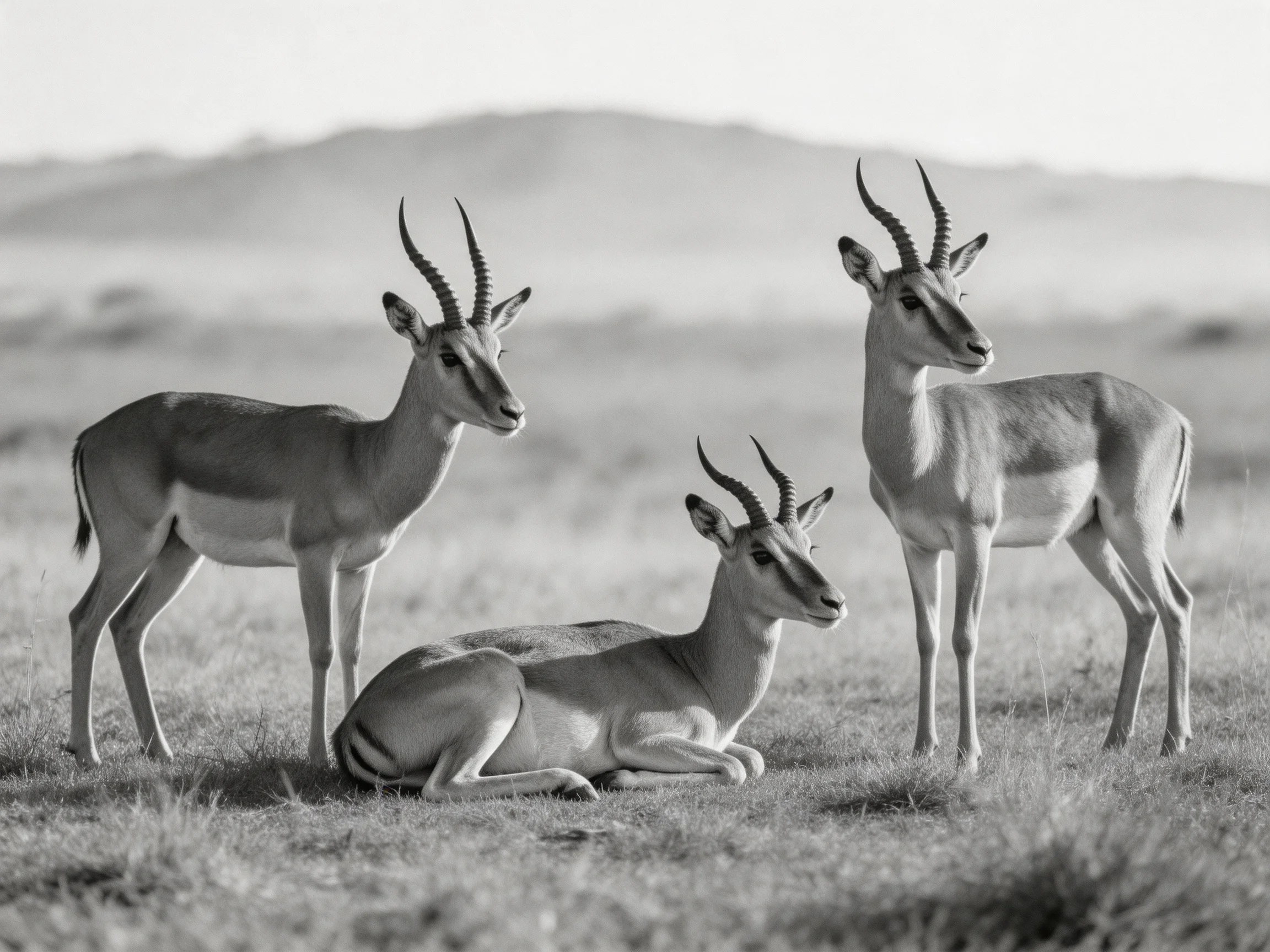 Three antelopes rest in a monochrome savannah scene.