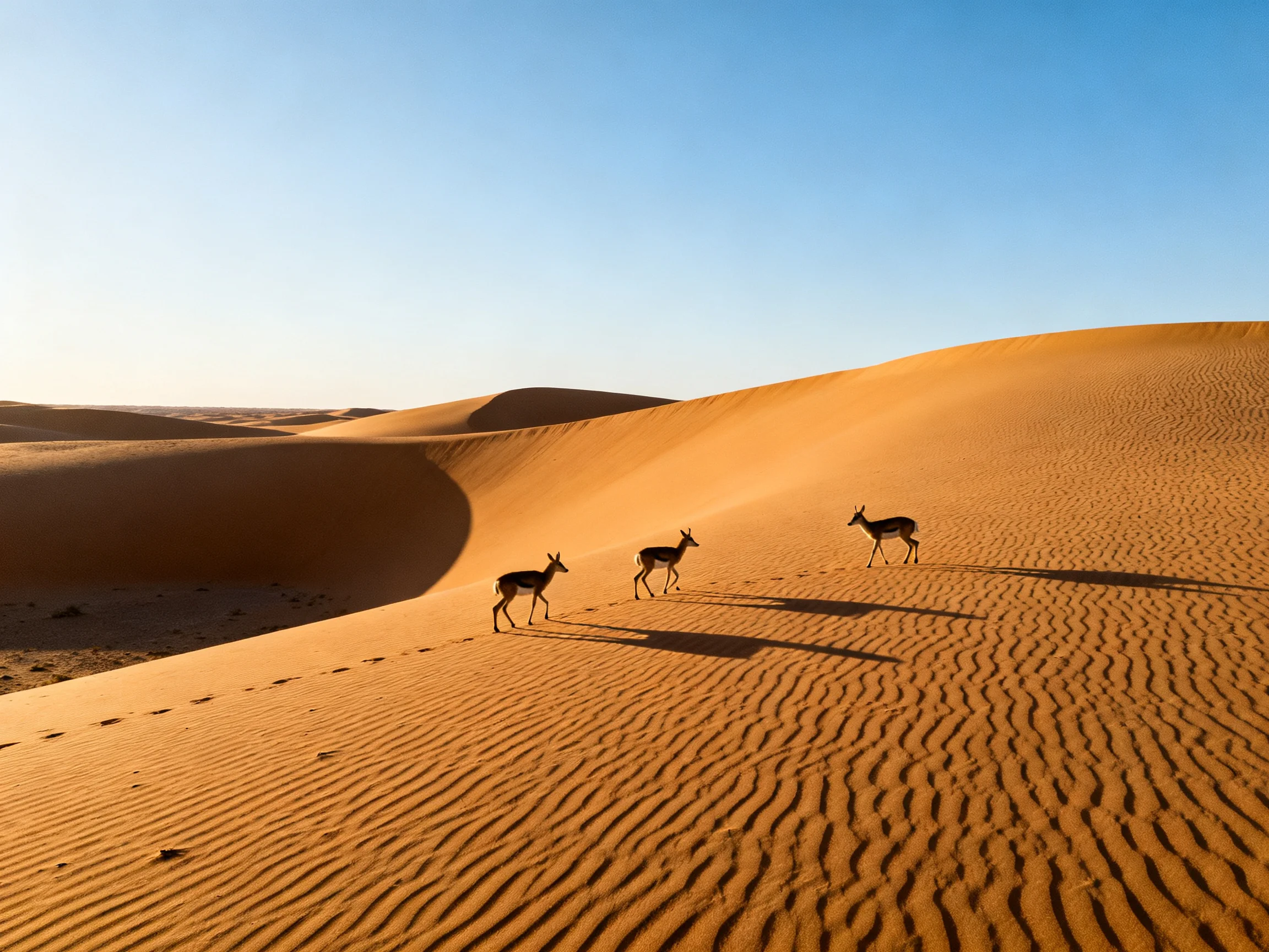 Three antelopes move across golden sand dunes in an expansive desert.