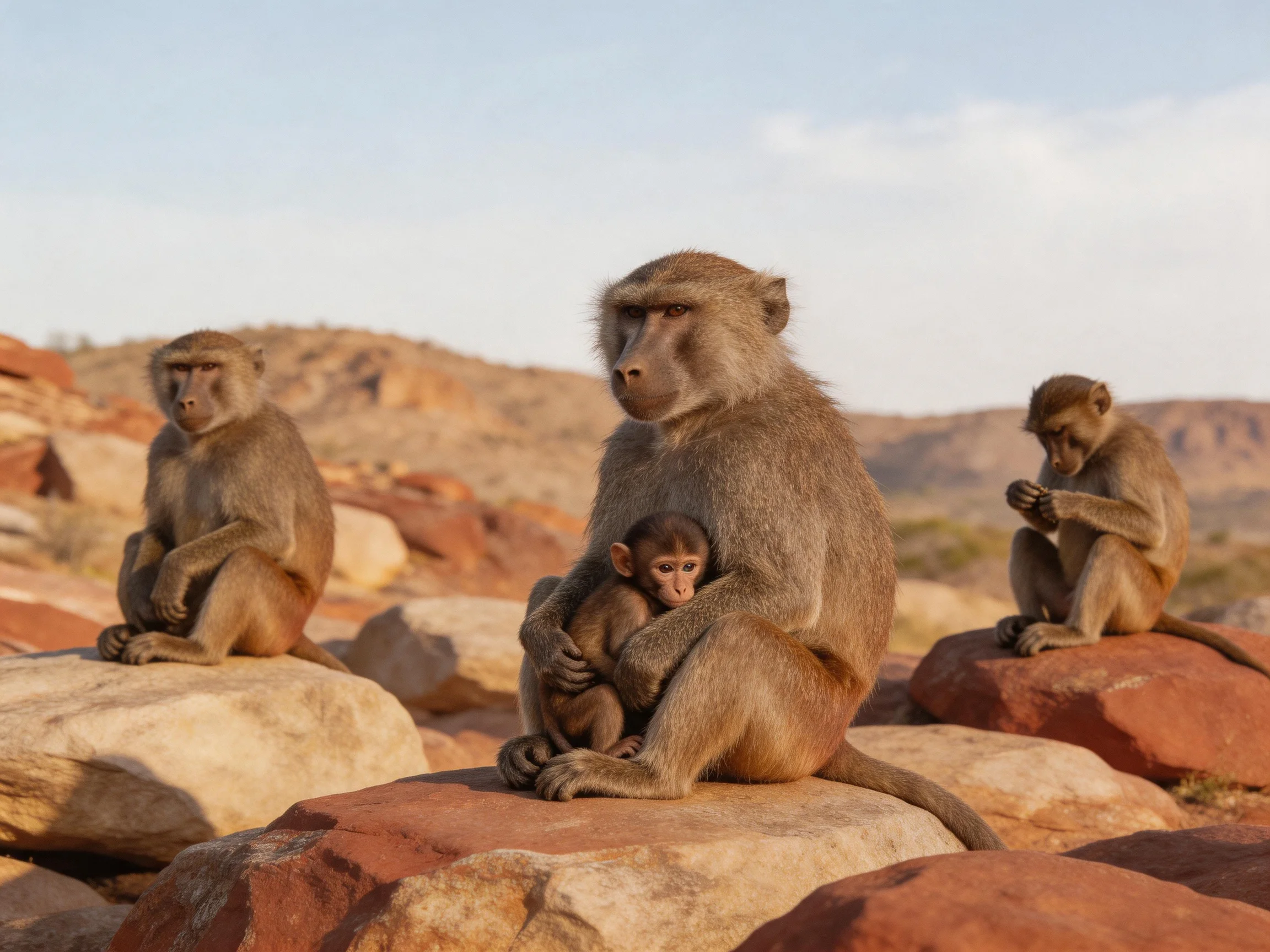 Three baboons rest on rocks in an arid, naturally rocky environment.