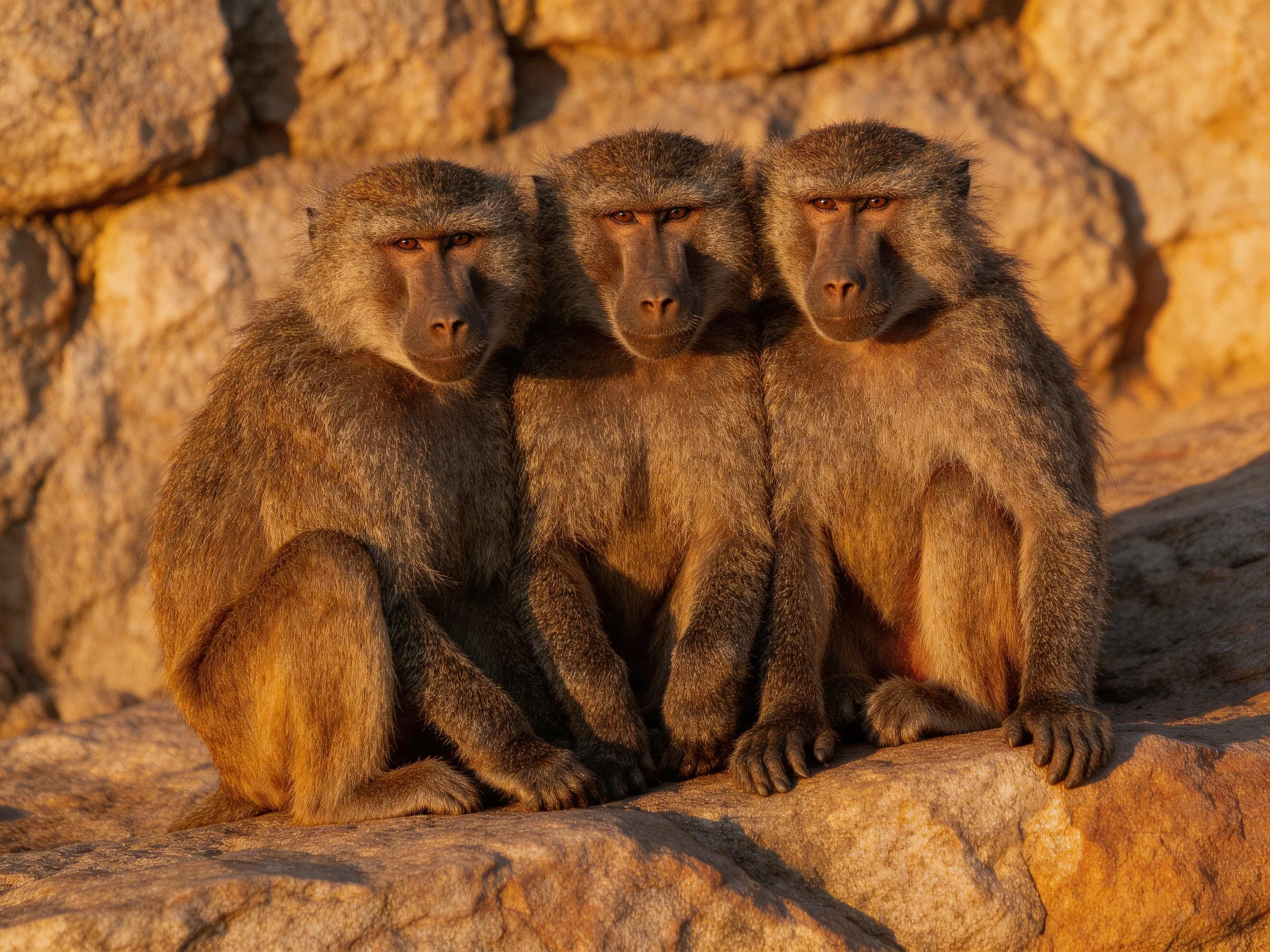 Three baboons with earth-toned fur sit closely on a rocky formation
