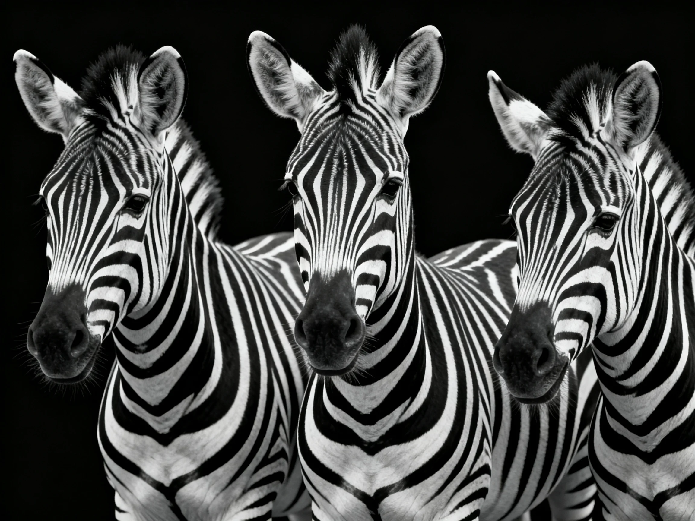 Three black-and-white zebras grouped closely against a dark backdrop