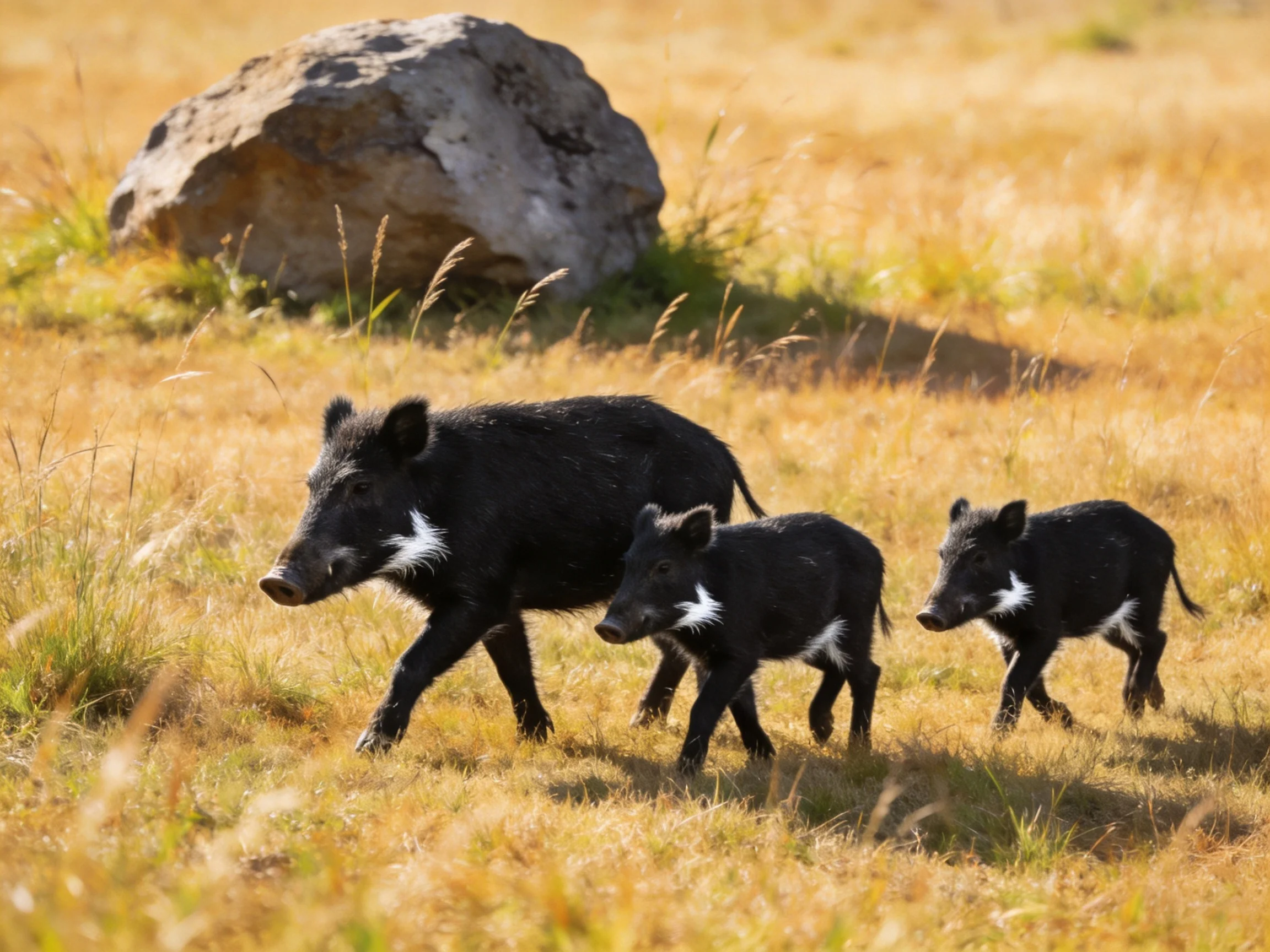 Three black boars with white patches walk through a sunlit golden meadow near a large rock