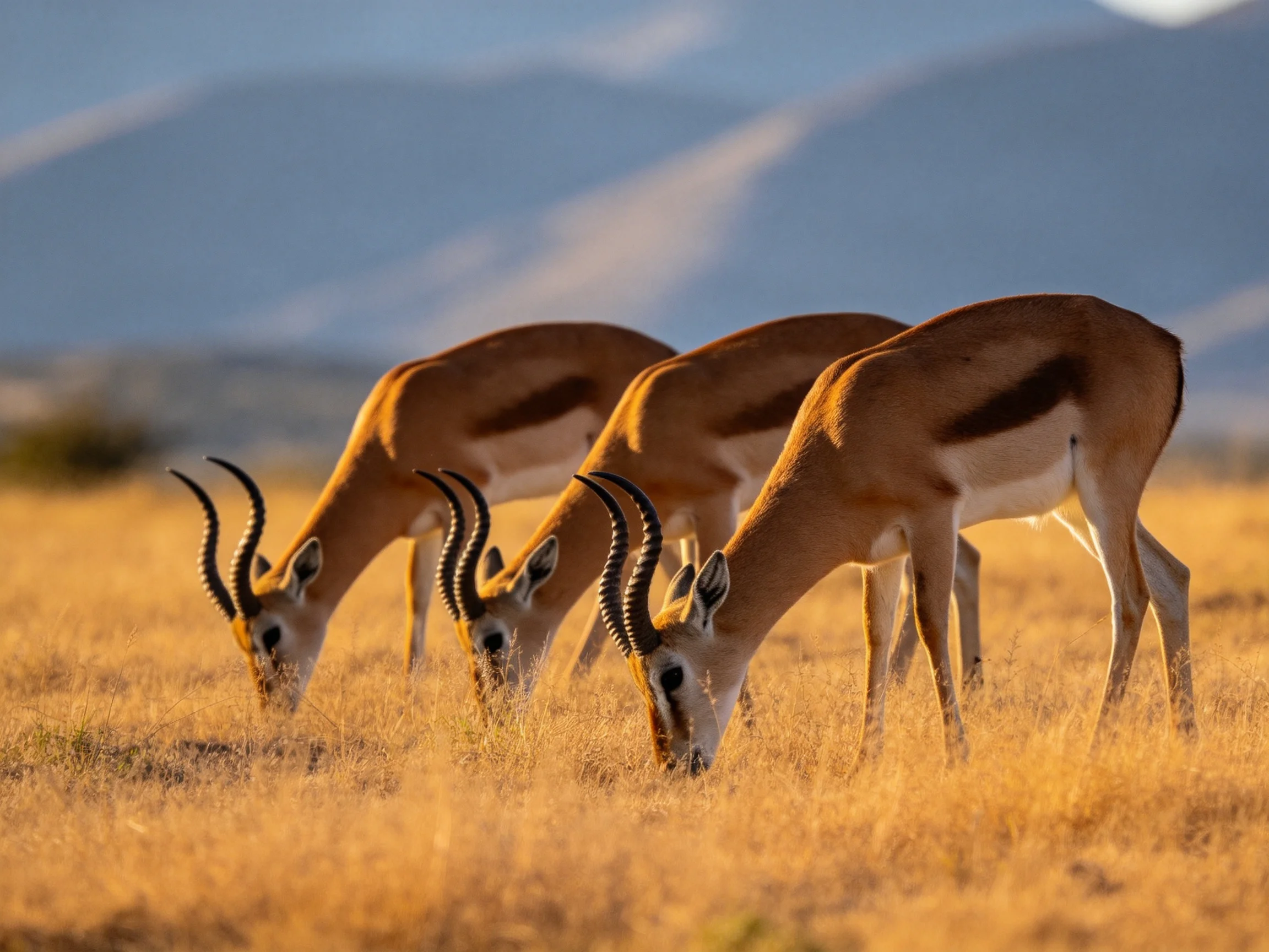 Three antelopes graze in a golden savannah near distant mountains