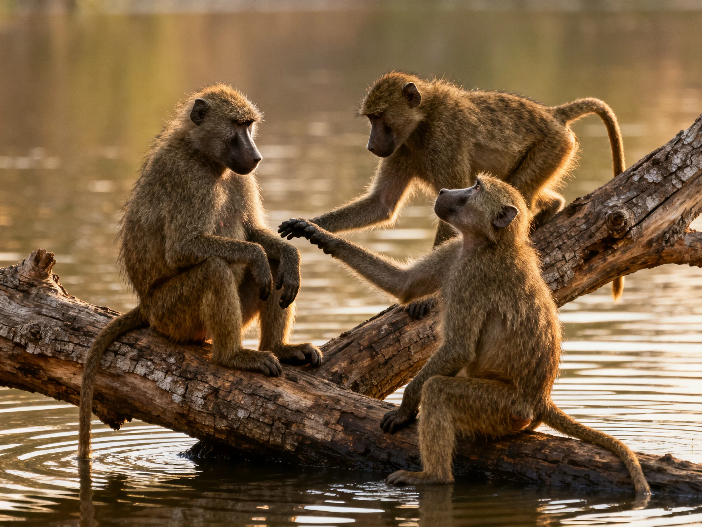 Three baboons interact on a log spanning calm water.