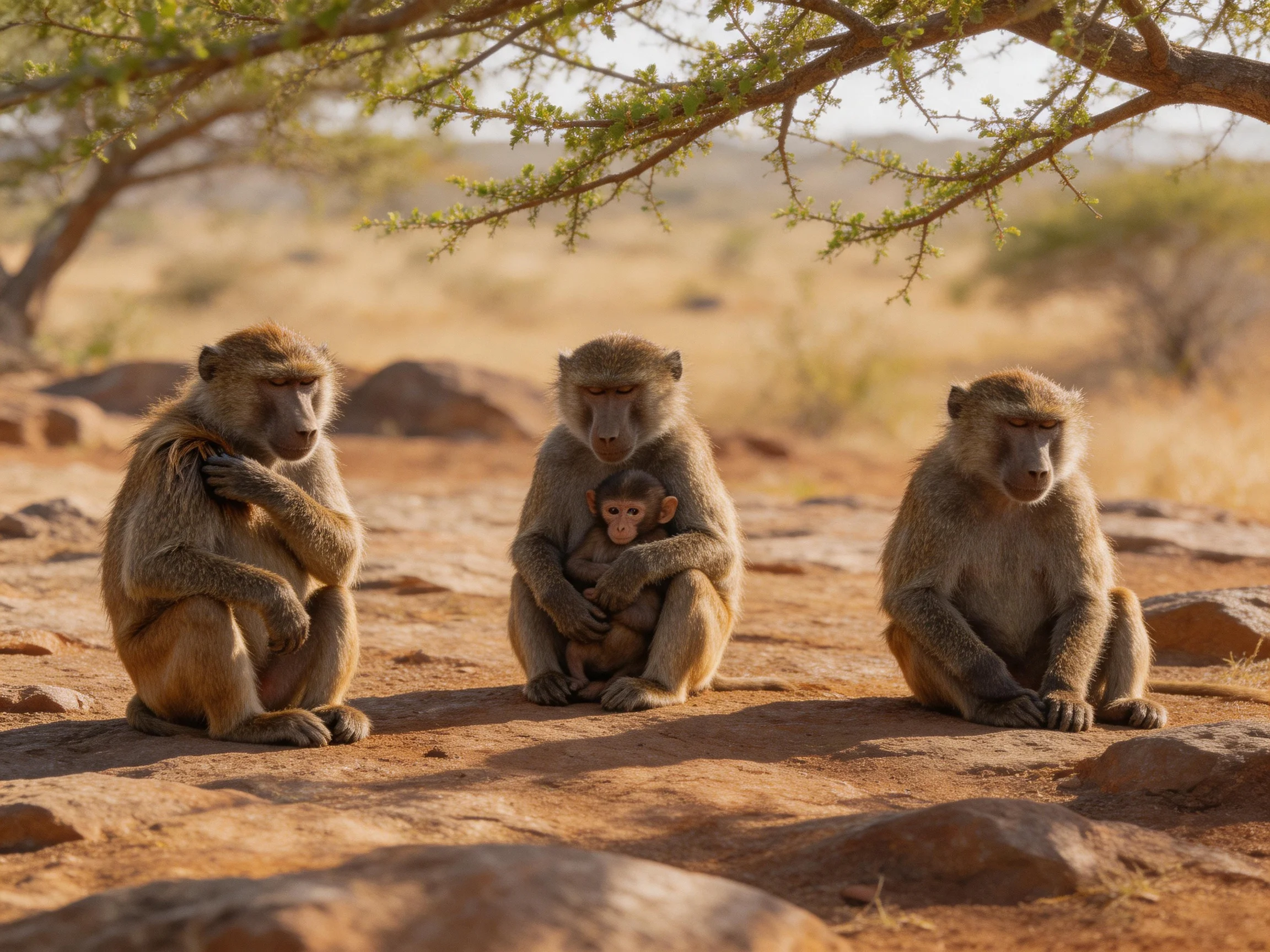Three brown baboons rest near rocks under a tree in a dry savannah