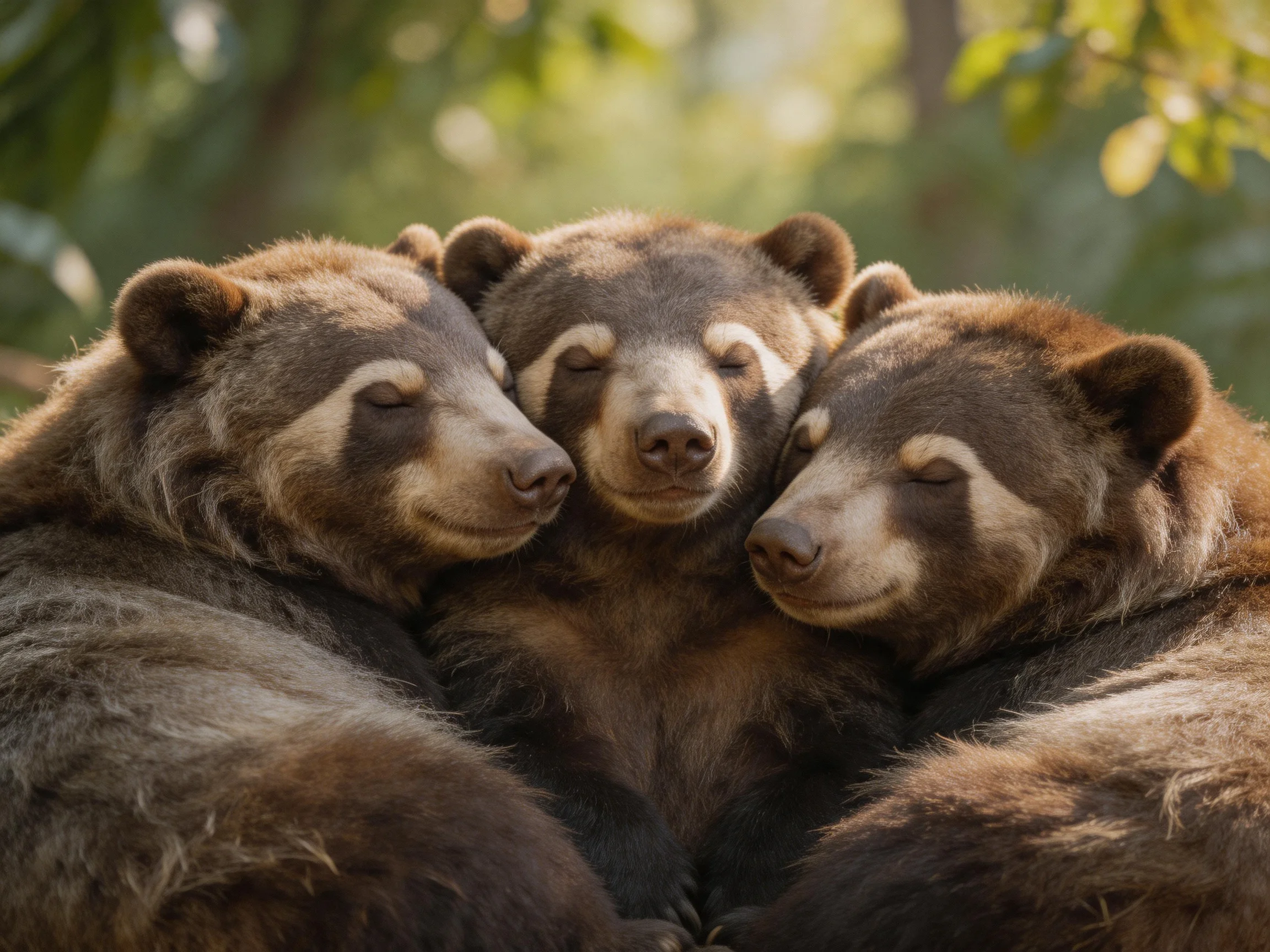 Three brown bear cubs snuggle together in a sun-dappled forest