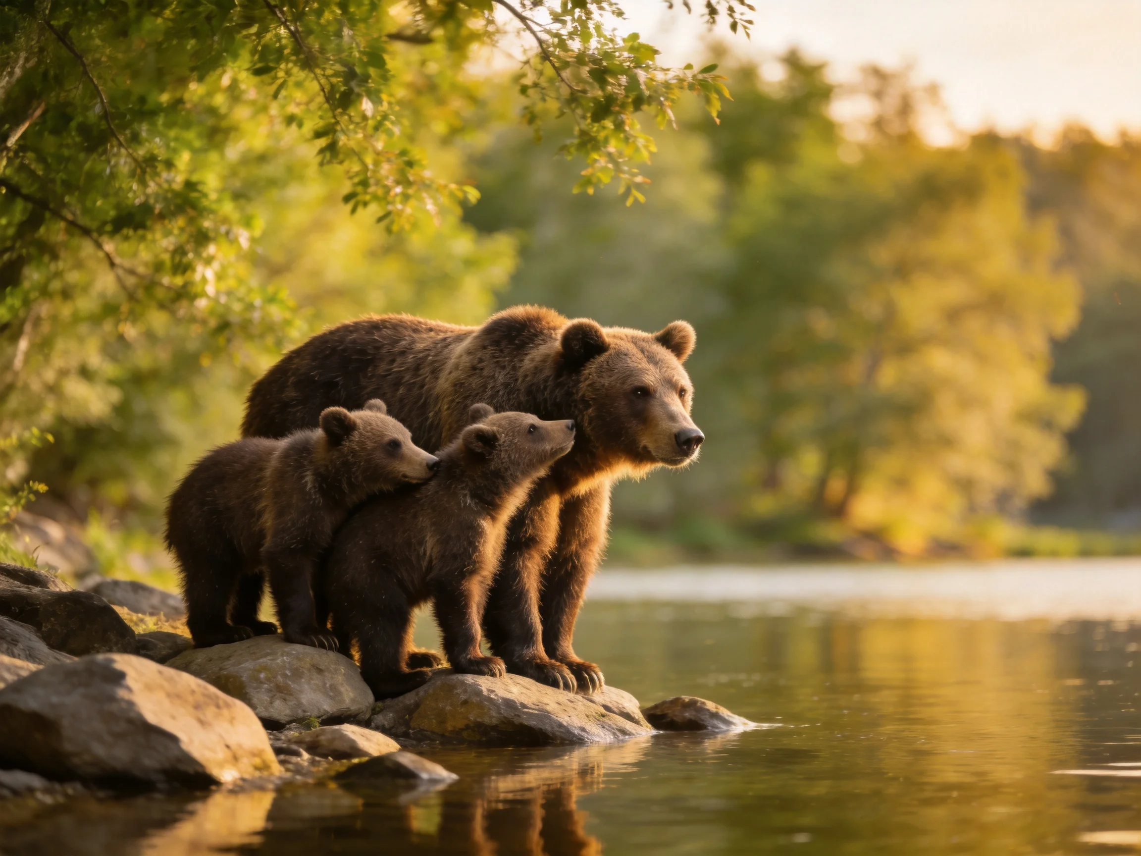 Three brown bears—an adult and two cubs—stand by a calm river at sunset
