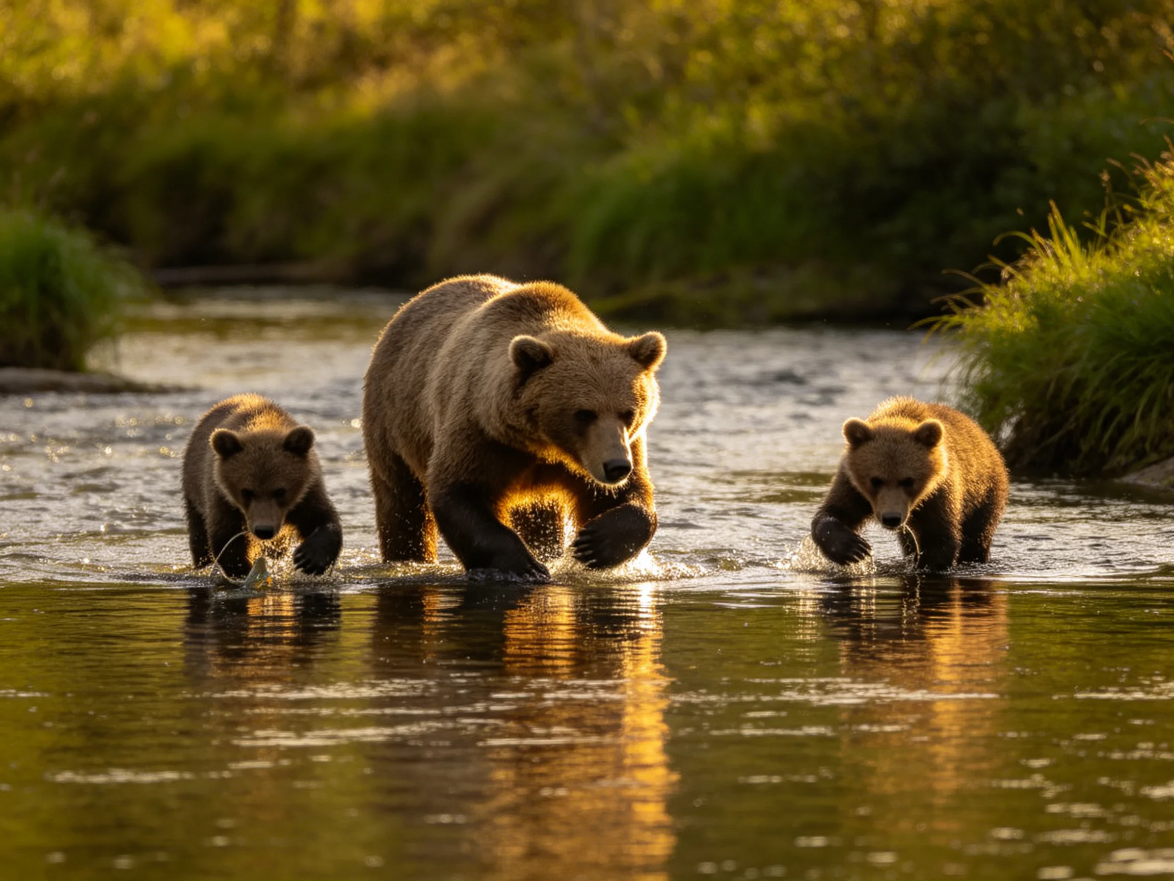 A mother bear and her two cubs move through a sunlit river with greenery nearby.