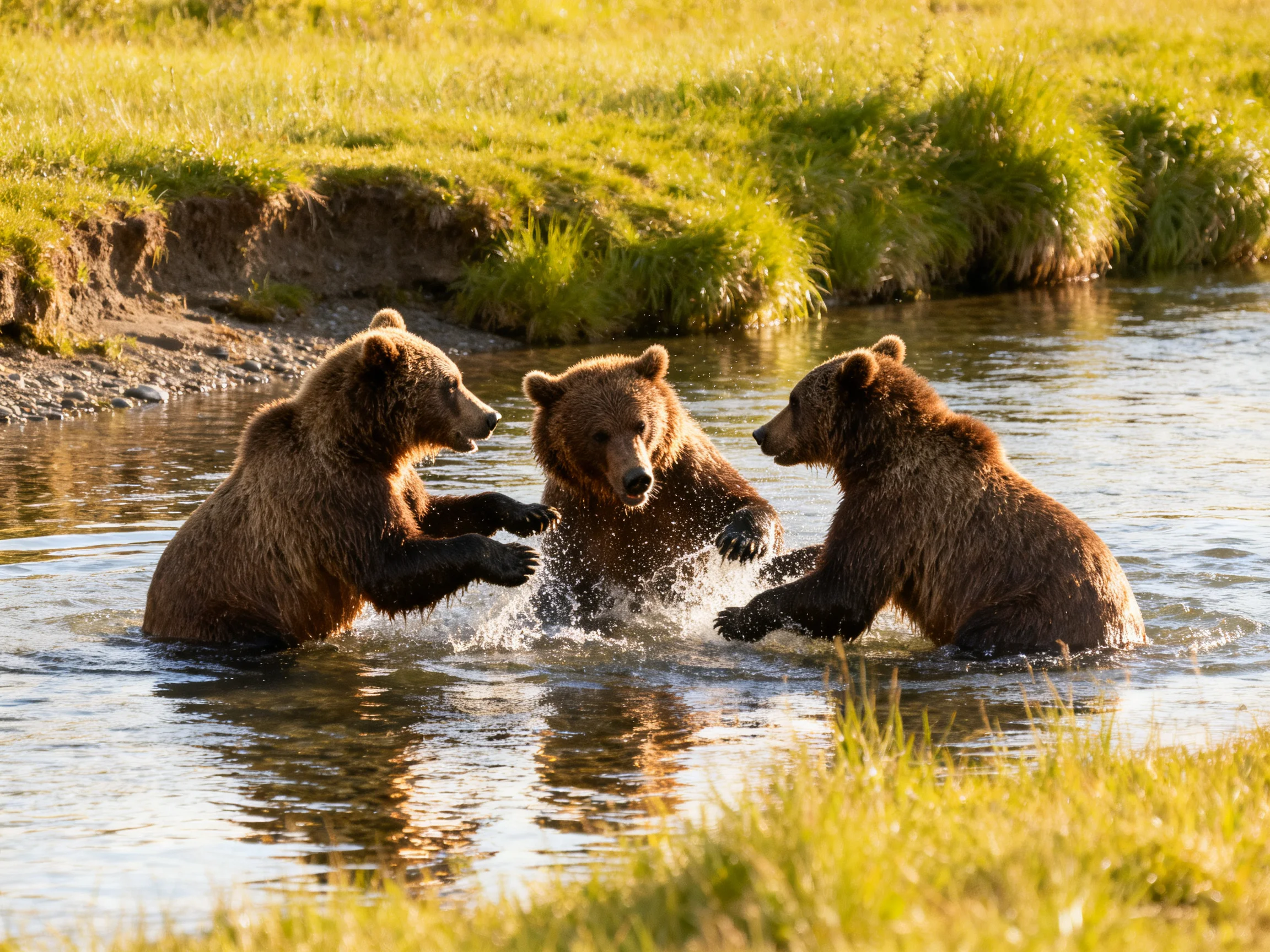 Three brown bears playfully interacting in a shallow stream near lush greenery