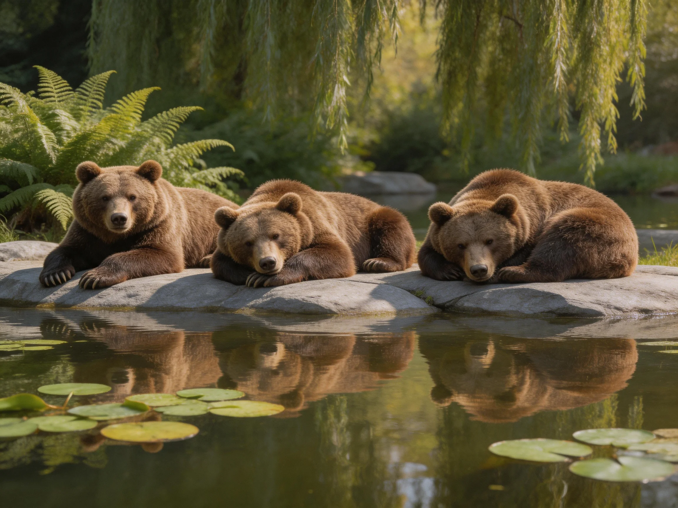 Three brown bears rest on rocks beside calm water with lush greenery