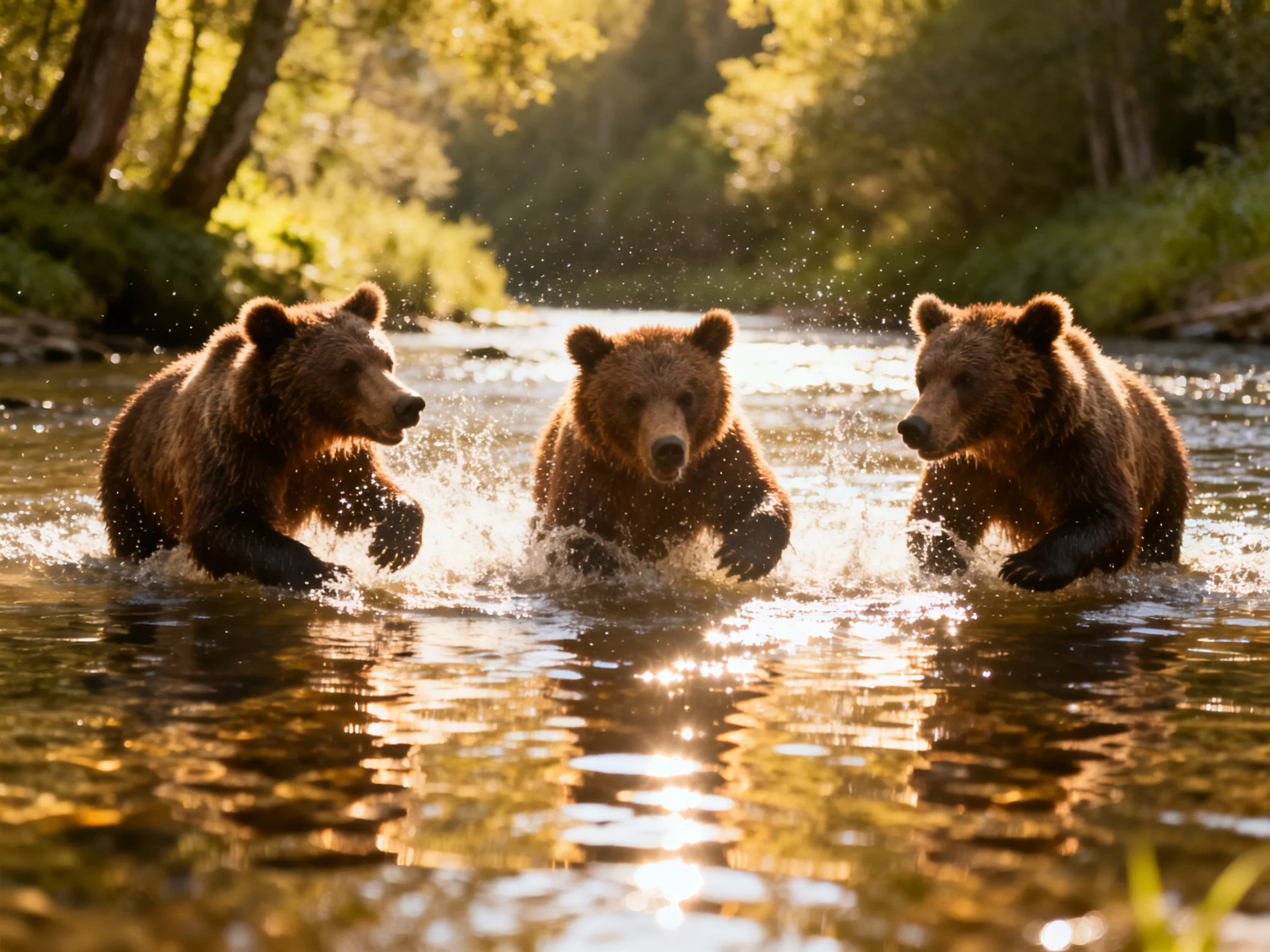 Three brown bears splash through a sun-dappled forest stream