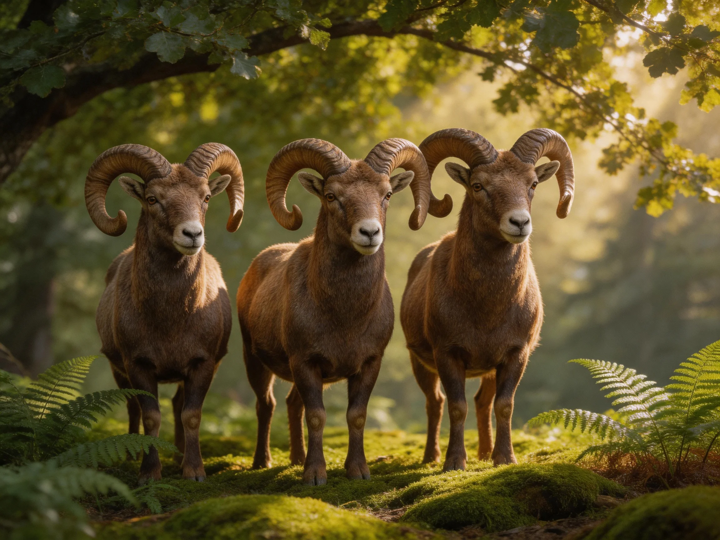 Three brown bighorn sheep gather in a forest with ferns and moss