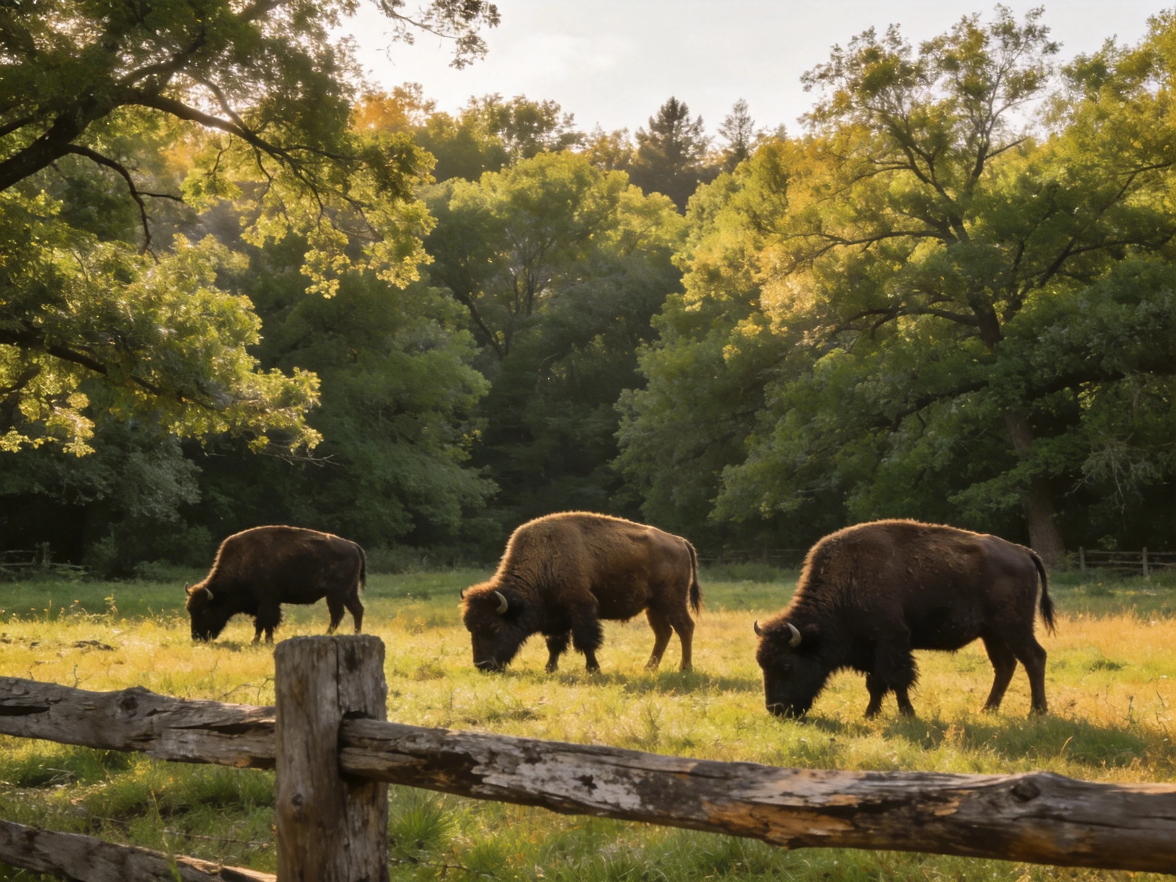Three brown bison graze in a sunlit green meadow near a wooden fence