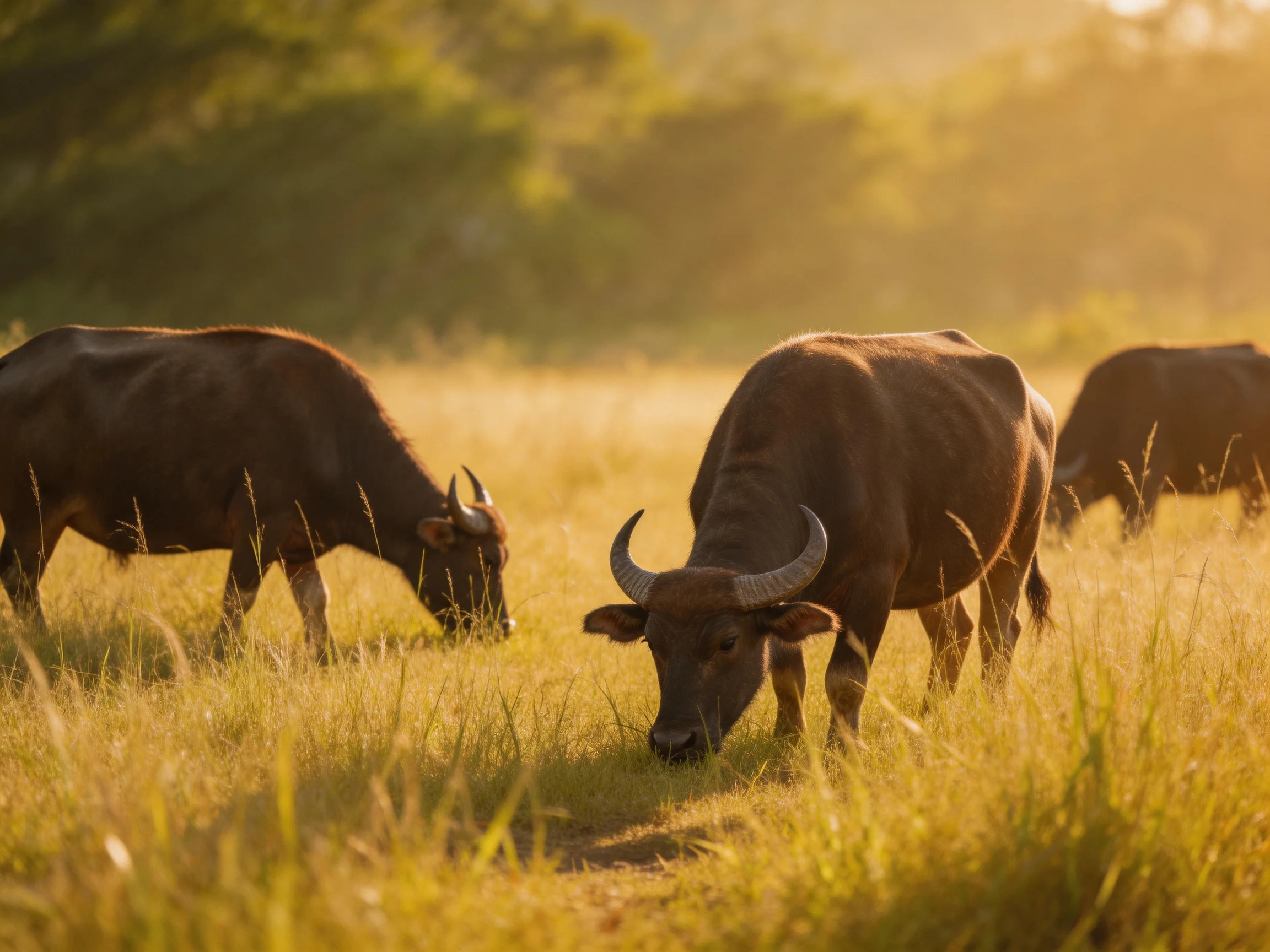 Three brown buffalo graze in a golden sunlit savannah