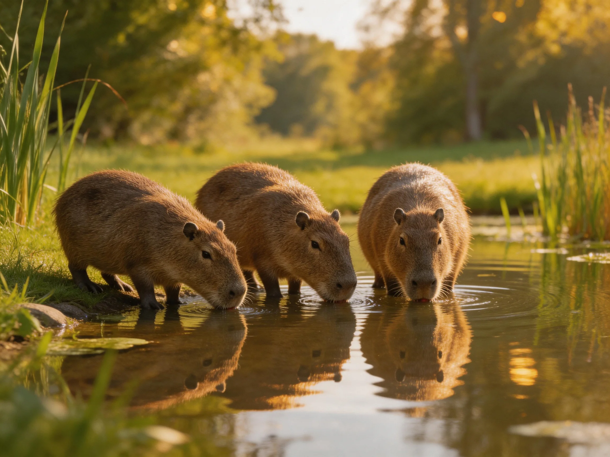 Three brown capybaras drink from a calm pond amid lush greenery