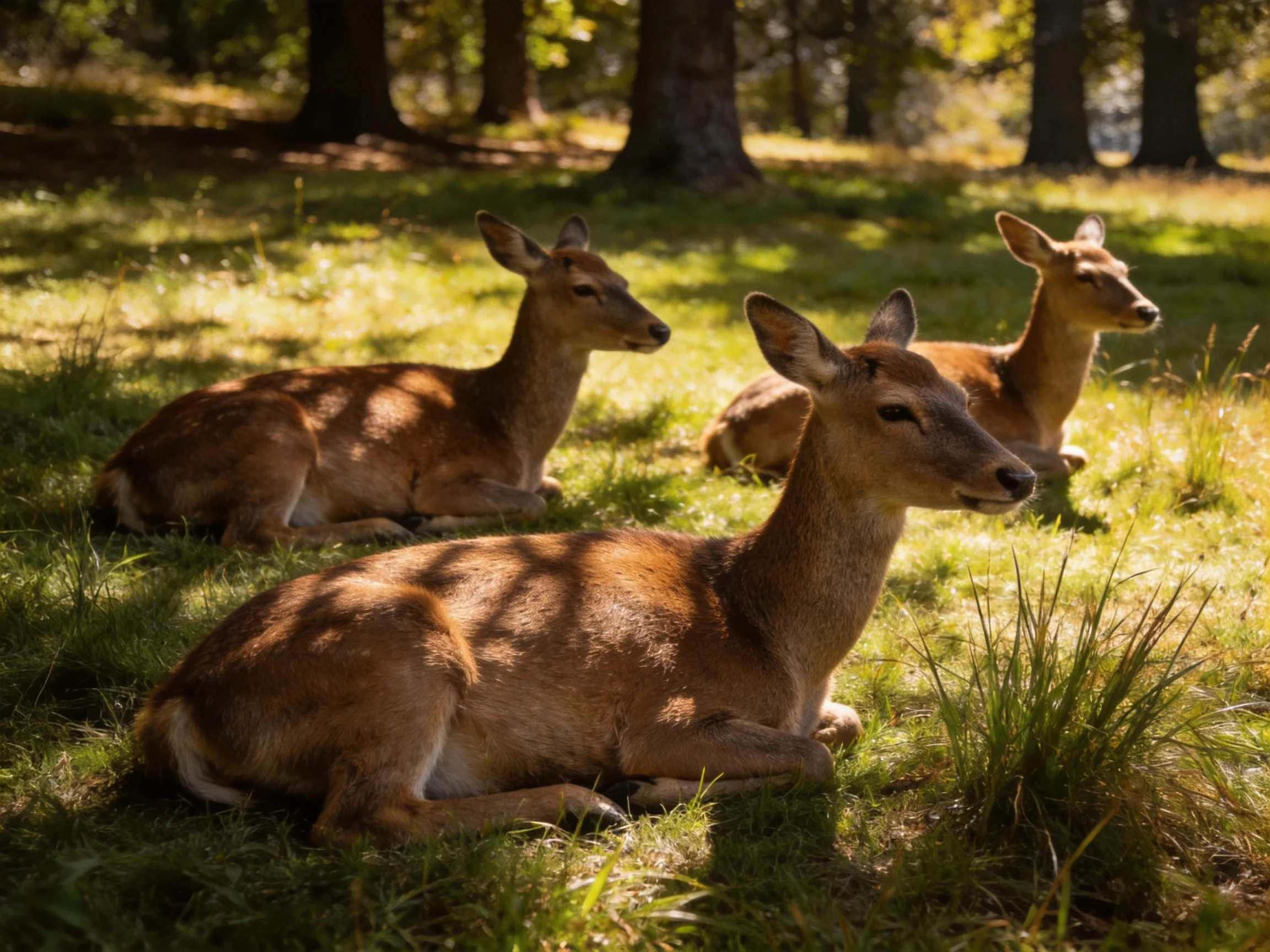 Three brown deer resting in a sun-dappled forest clearing