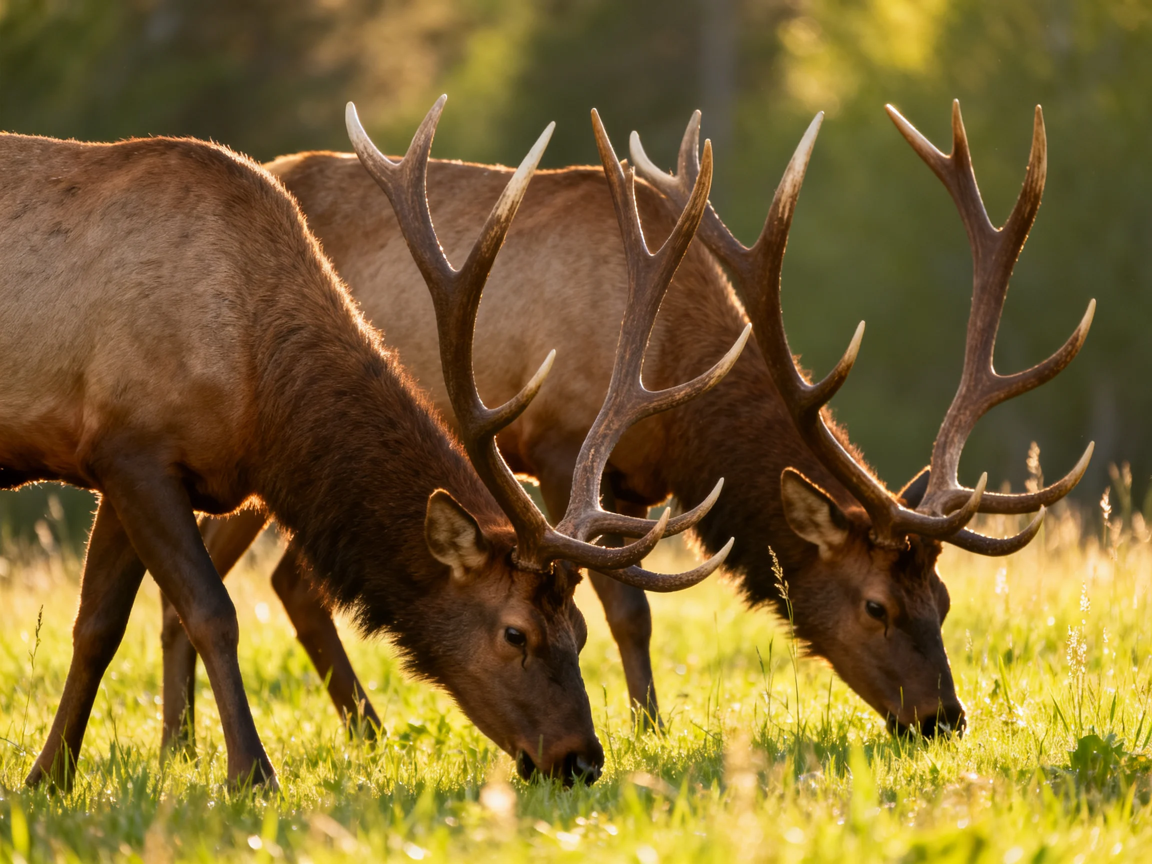 Three brown elk graze together in a sunlit meadow.