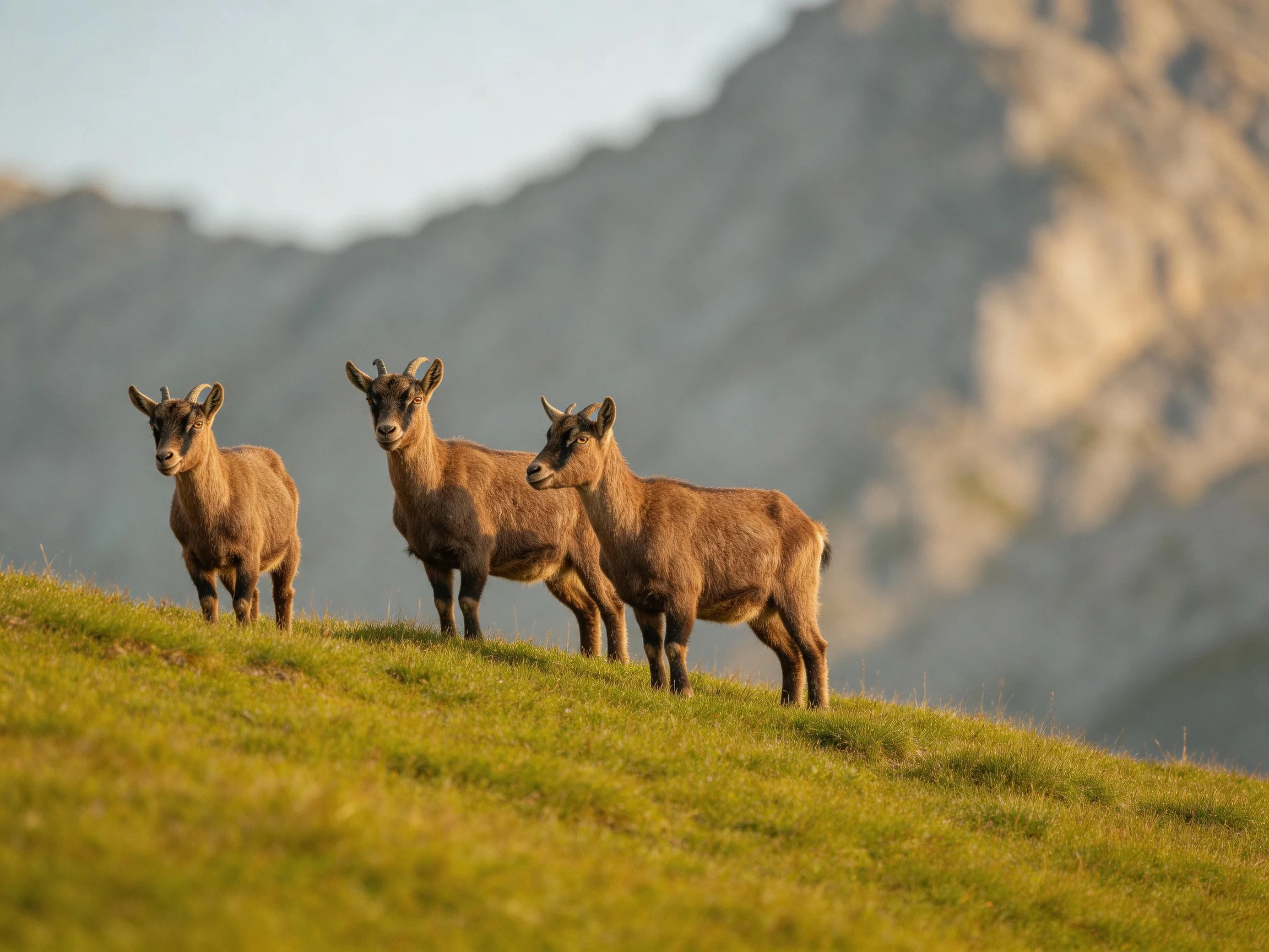 Three brown goats on a grassy hillside with rocky mountains