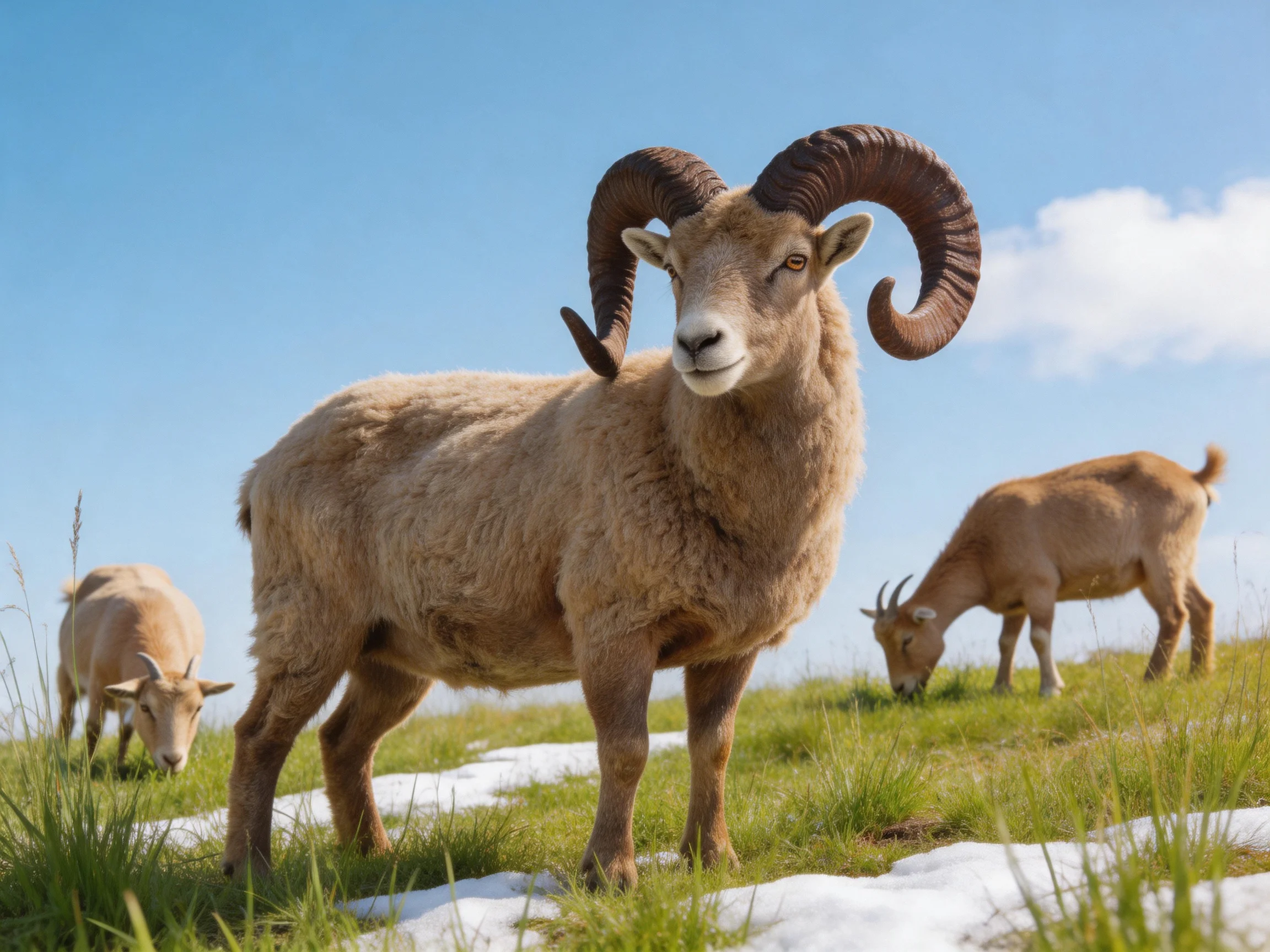 Three horned goats graze on a grassy hillside dotted with snow patches