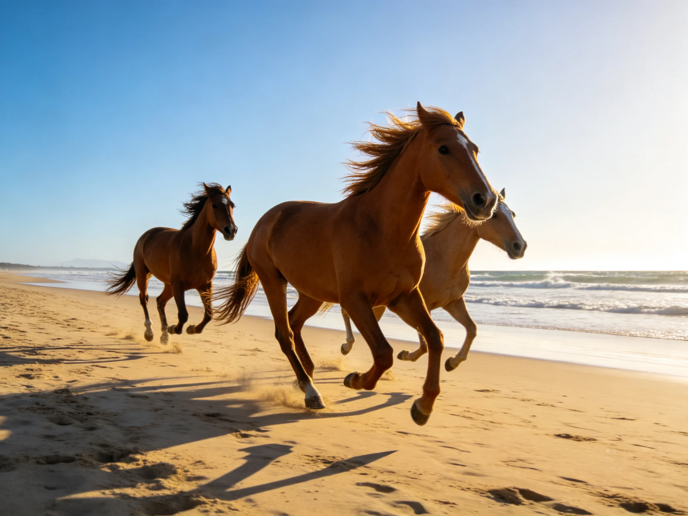 Three brown horses gallop along a golden sandy shore by the ocean
