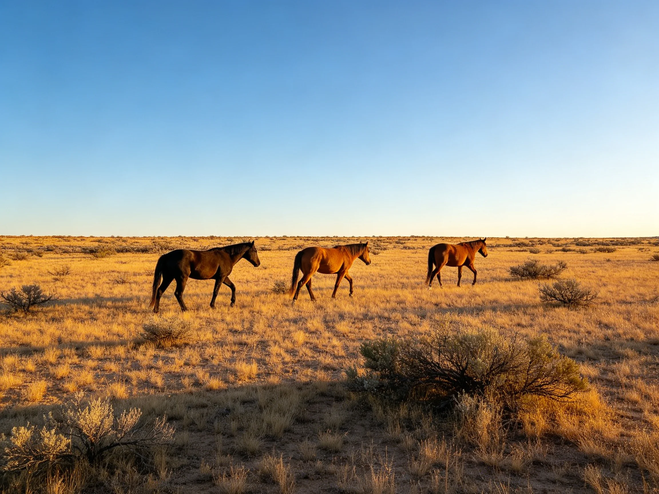 Three brown horses walk through a golden savannah field beneath a clear blue sky.
