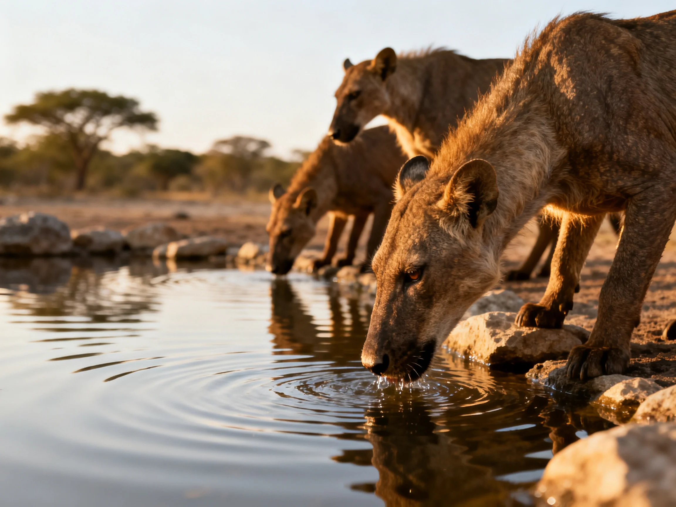 Three brown hyenas drink from a rocky watering hole in golden light