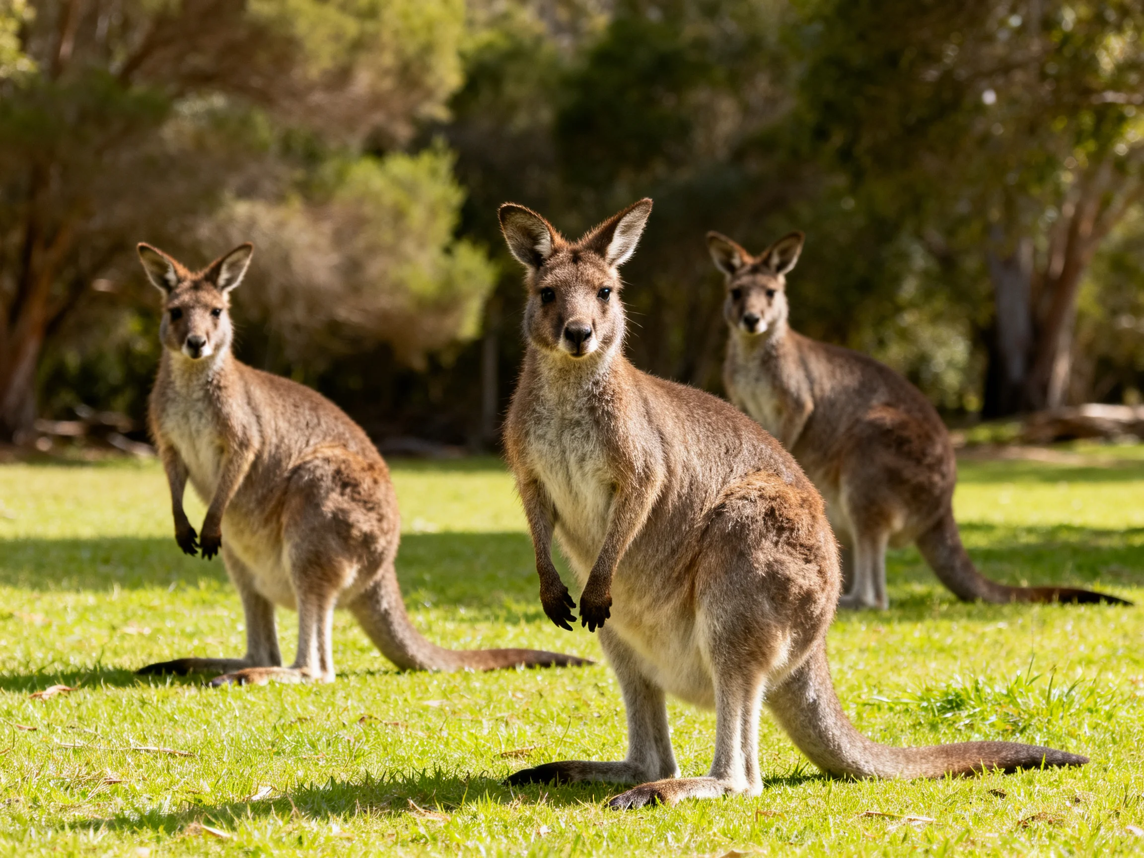 Three brown kangaroos on a sunlit green meadow